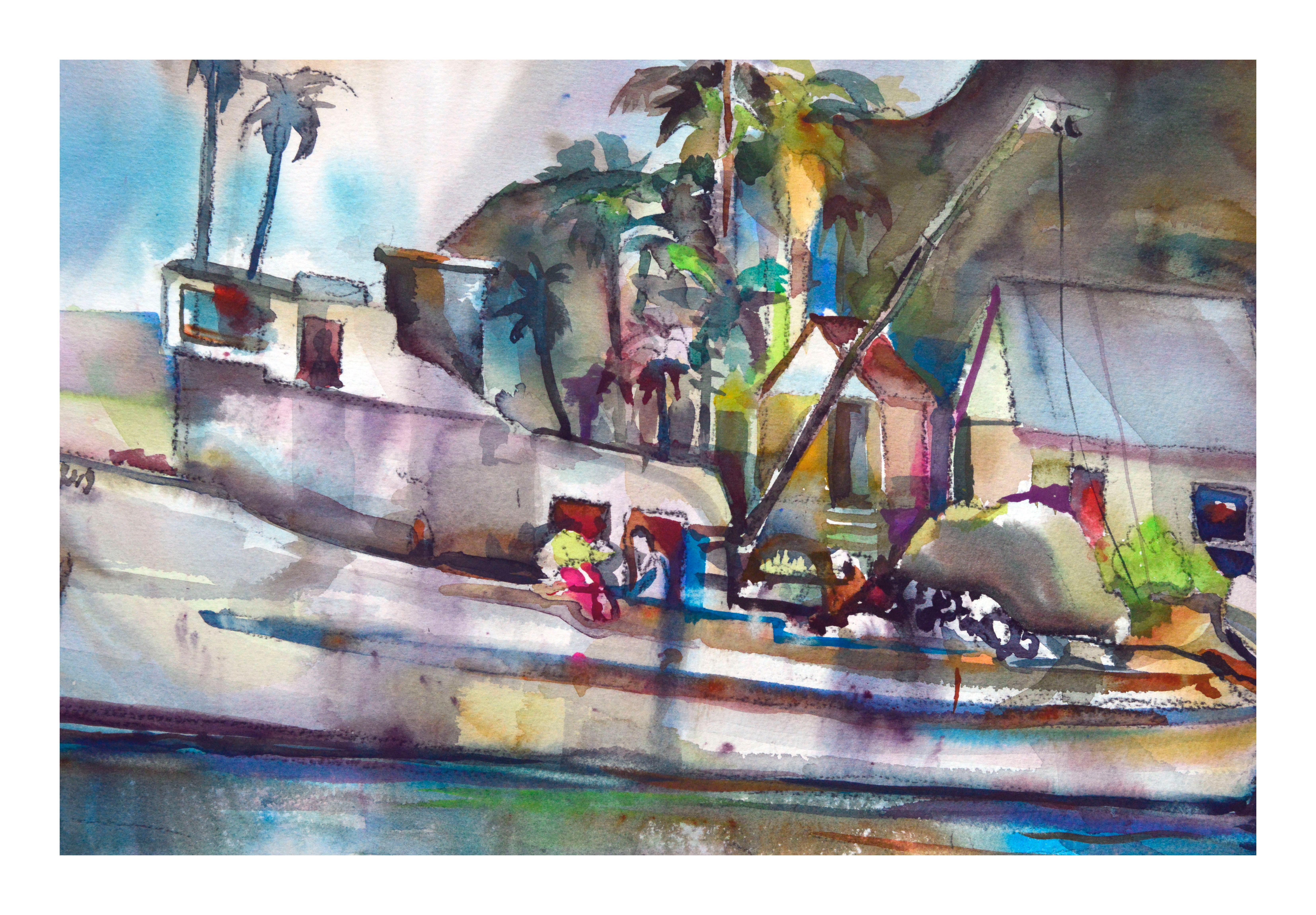 Tropical Harbor Watercolor Landscape - Painting by David Stephens