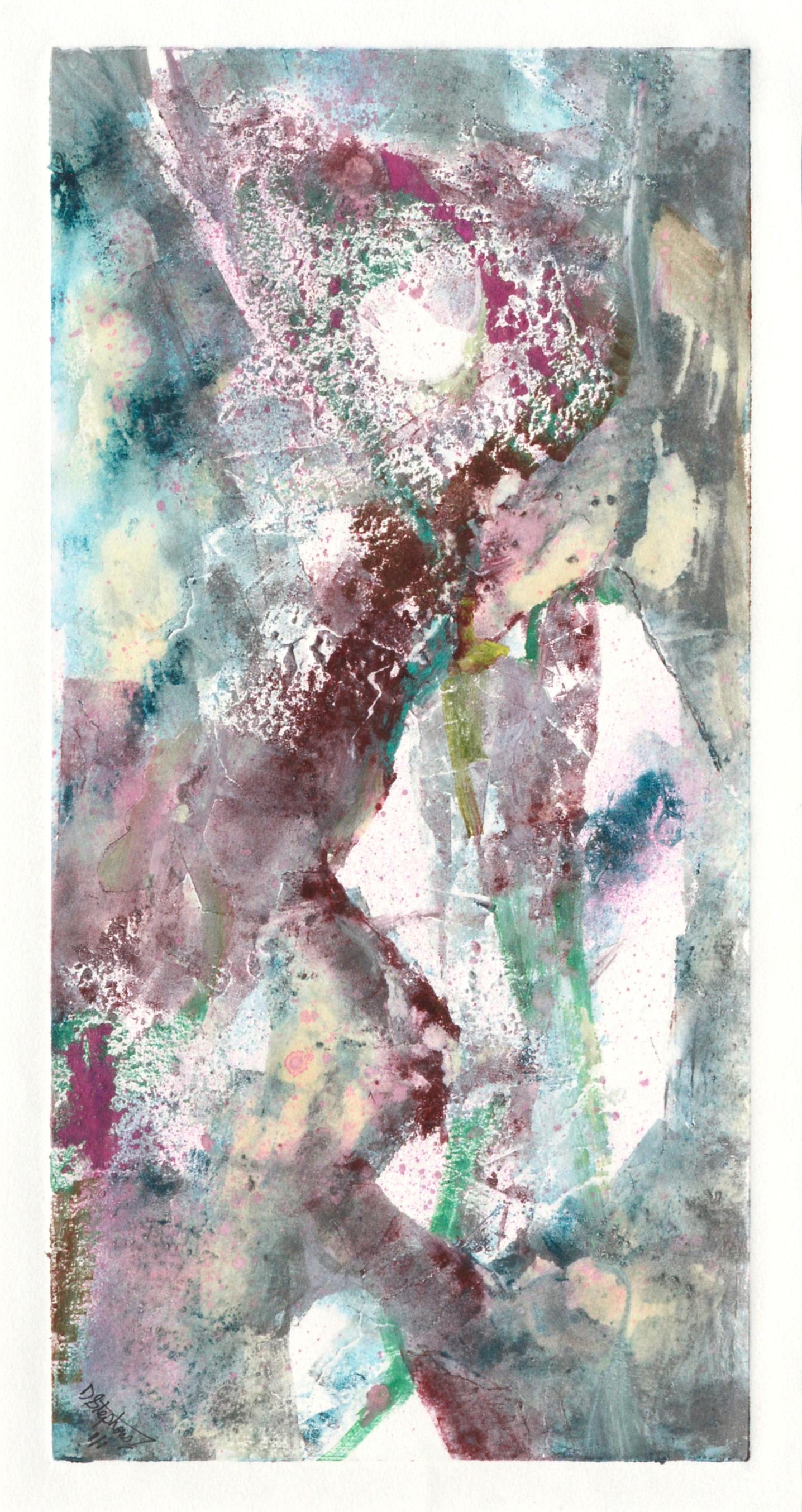 Magenta and Teal Abstracted Figurative Textured Monoprint - Painting by David Stephens