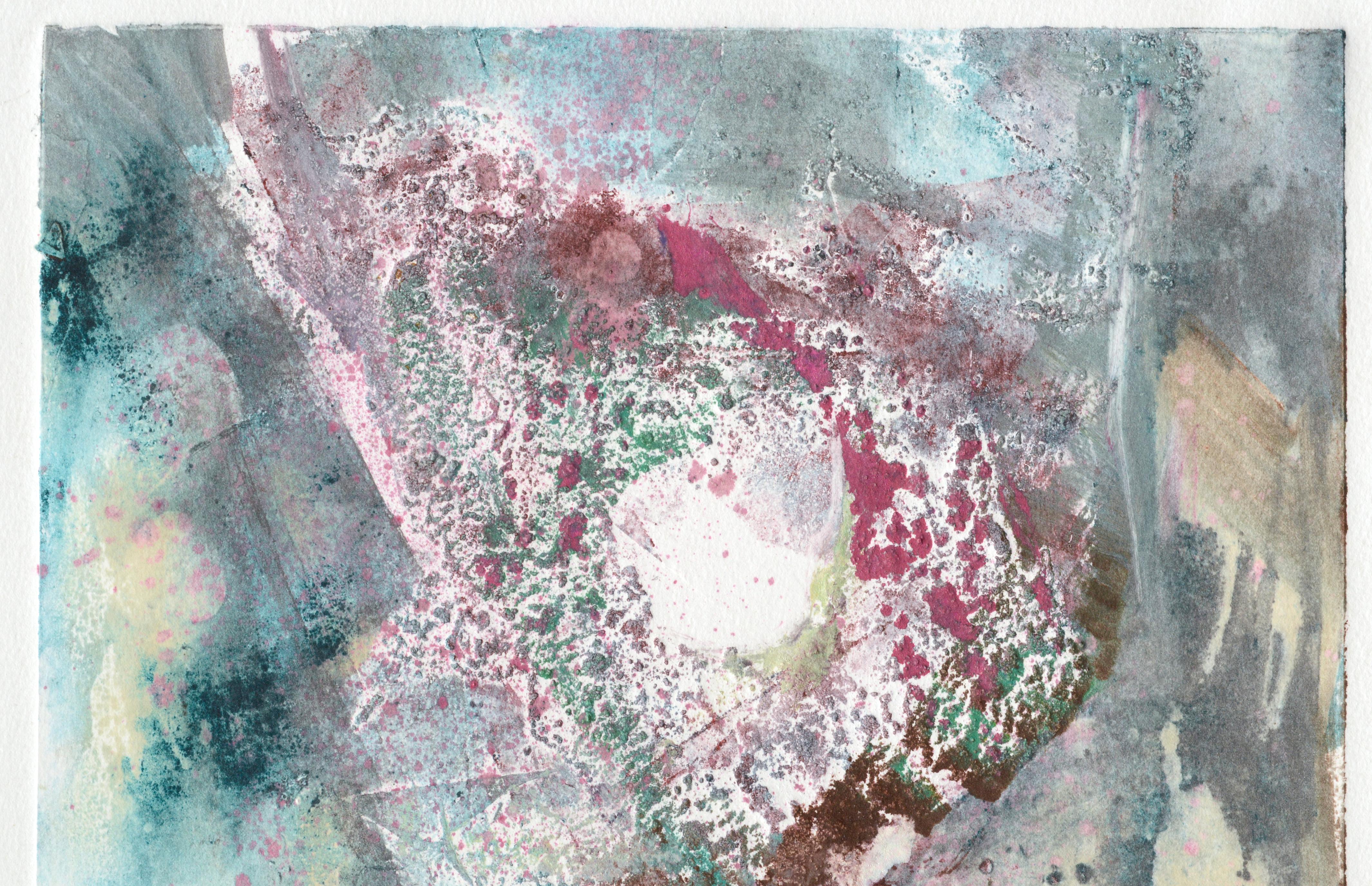 Abstrakter, figurativer, strukturierter Monodruck in Magenta und Teal (Abstrakter Expressionismus), Painting, von David Stephens