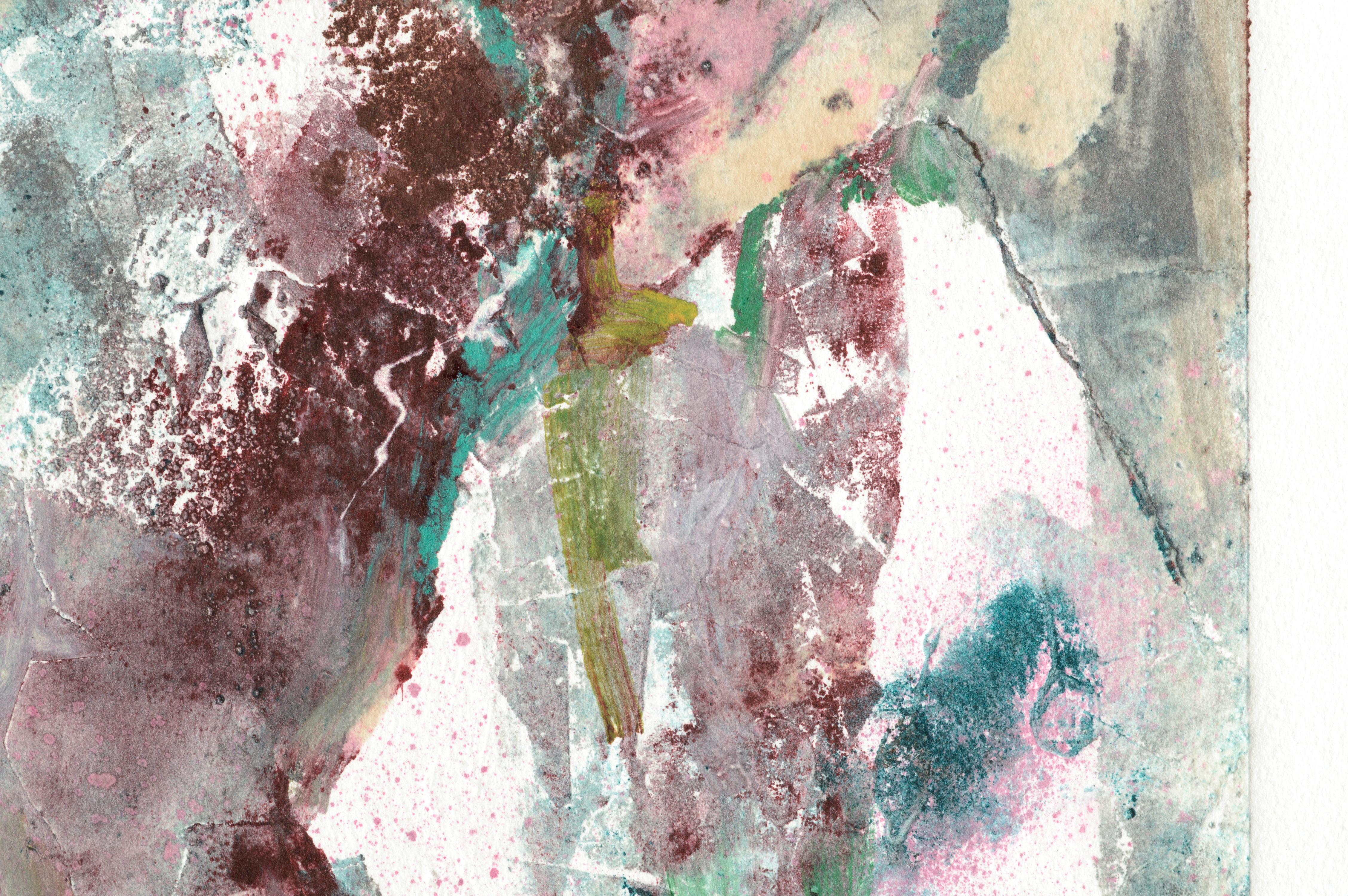 Magenta and Teal Abstracted Figurative Textured Monoprint - Abstract Expressionist Painting by David Stephens