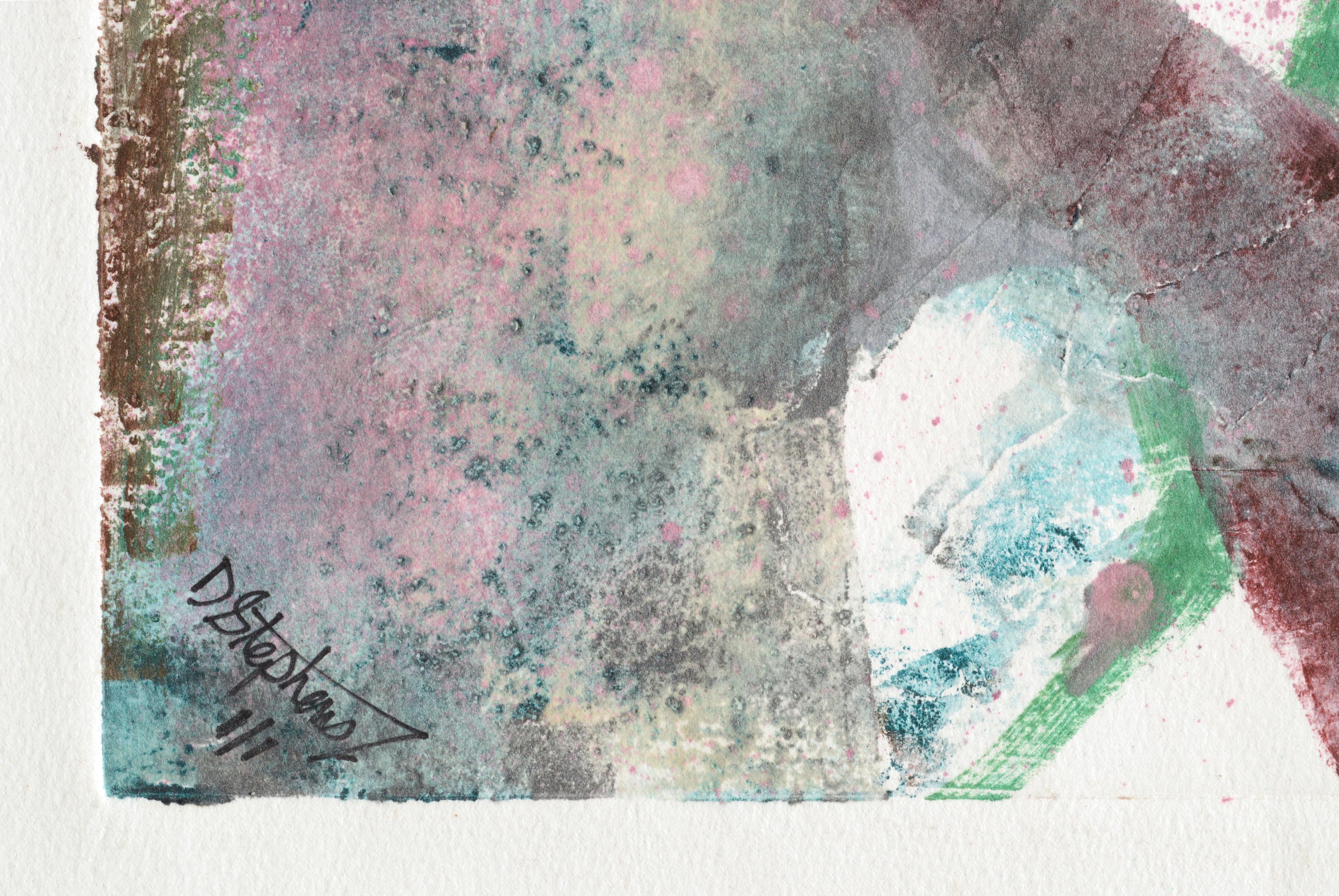 Monoprint figurativo astratto con texture magenta e verde acqua in vendita 3