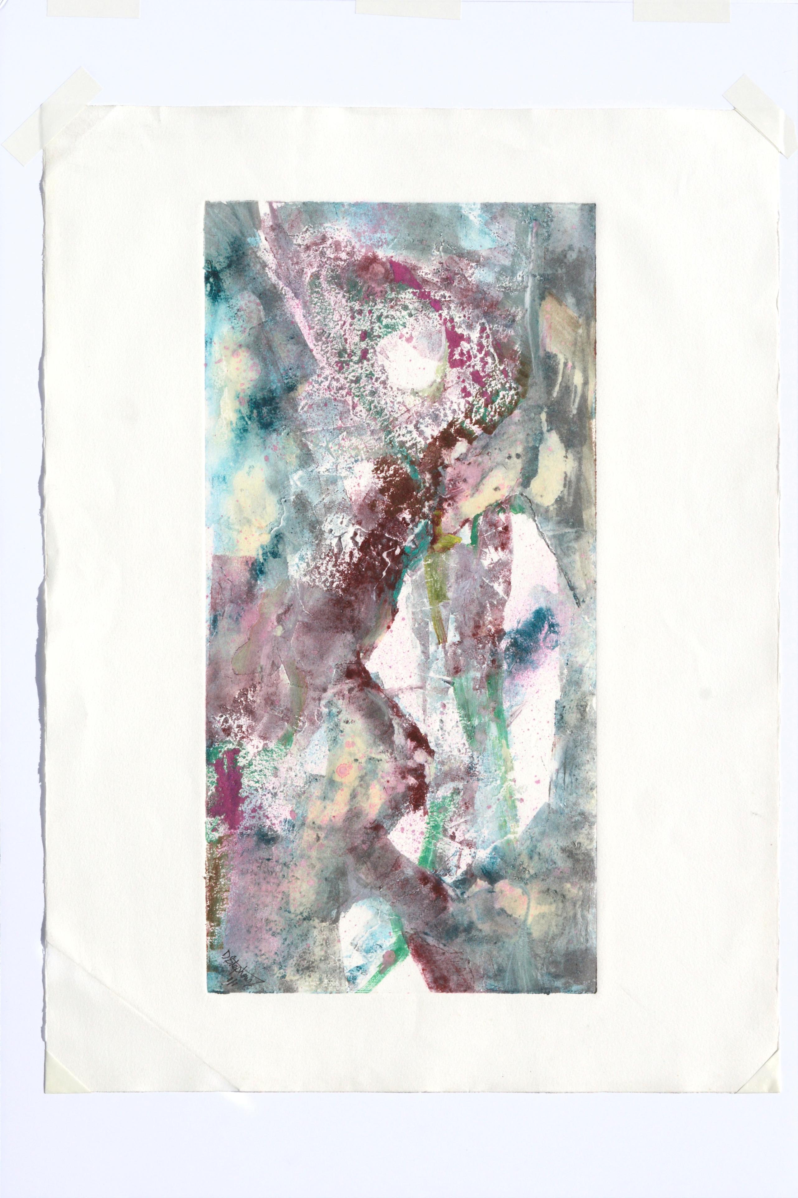 Magenta and Teal Abstracted Figurative Textured Monoprint For Sale 1
