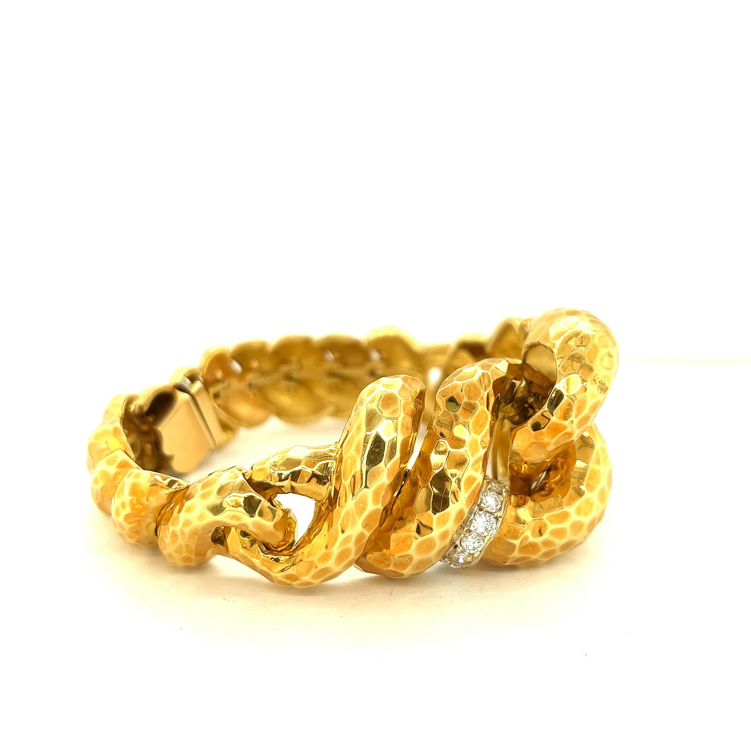 Round Cut David Stern 18k Hammered Yellow Gold Diamond Bracelet 