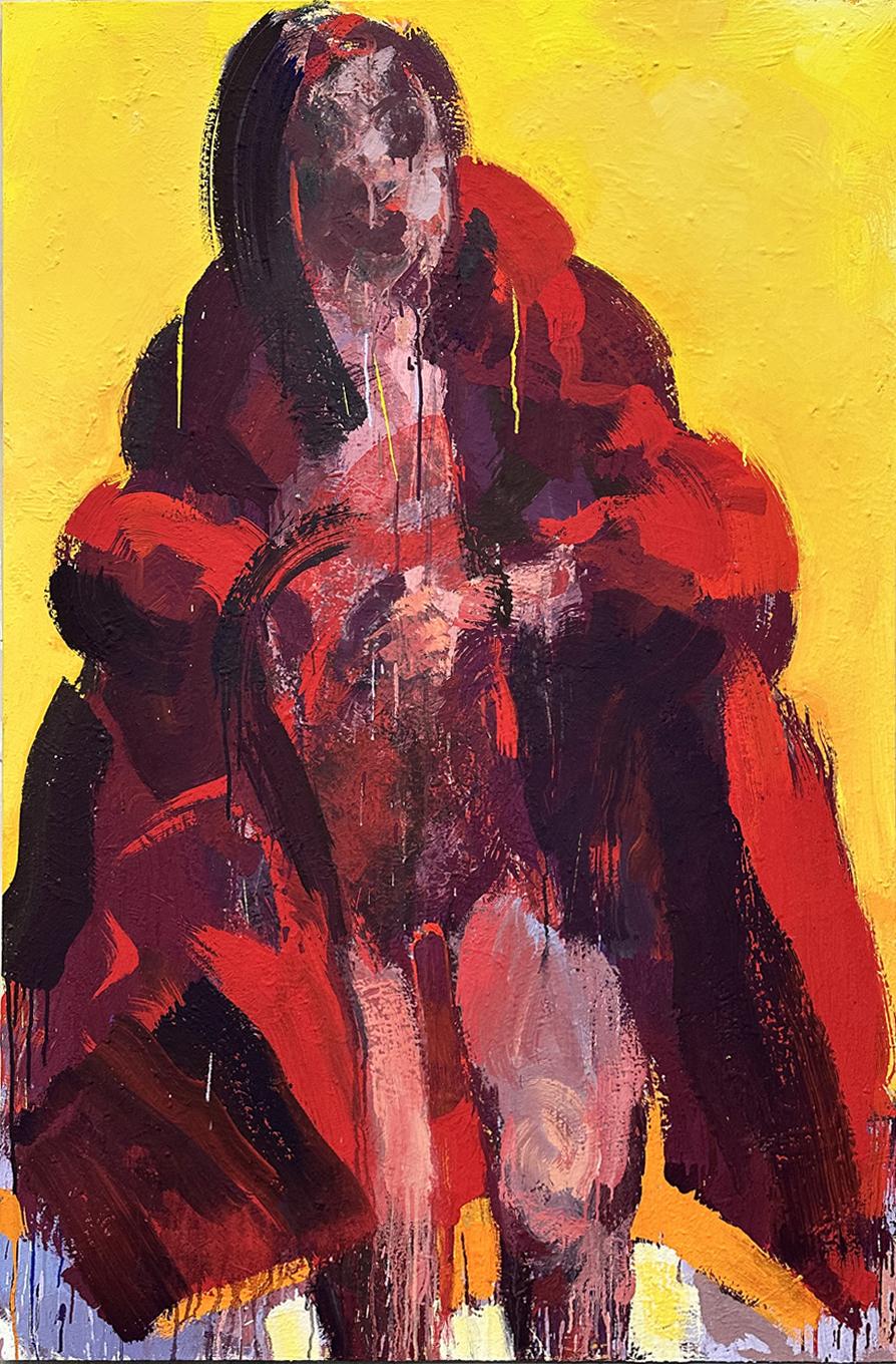 David Stern Figurative Painting - Woman in a red blanket empty handed