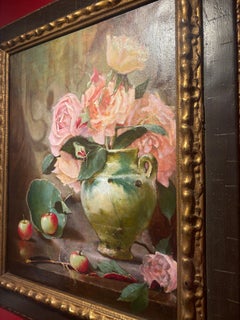 “Roses”, a classical still life of bold flowers beside apples and a broken vase