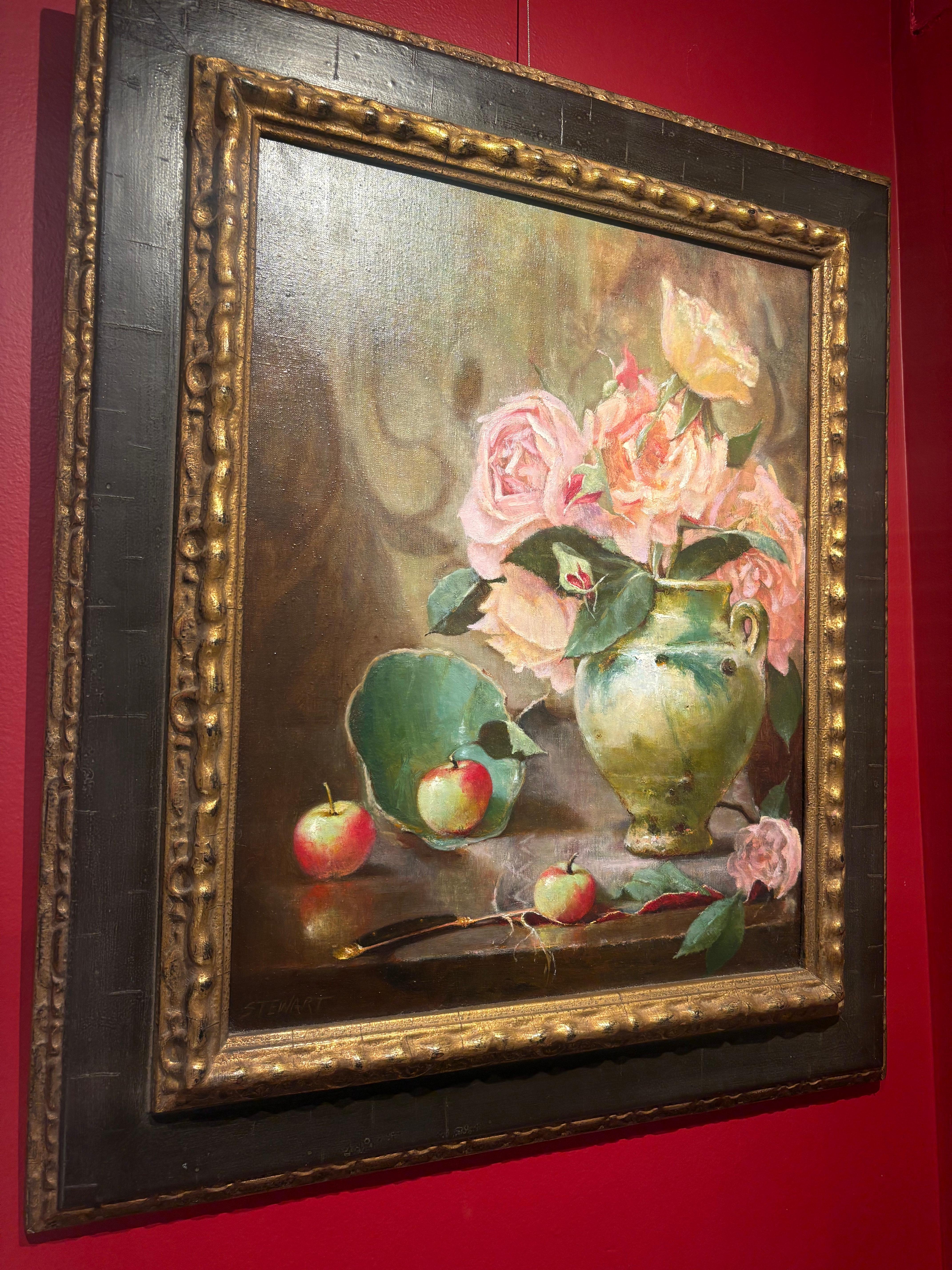 Roses, une nature morte classique de fleurs audacieuses à côté de pommes et d'un vase cassé. - Marron Still-Life Painting par David Stewart