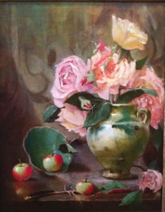 “Roses”, a classical still life of bold flowers beside apples and a broken vase