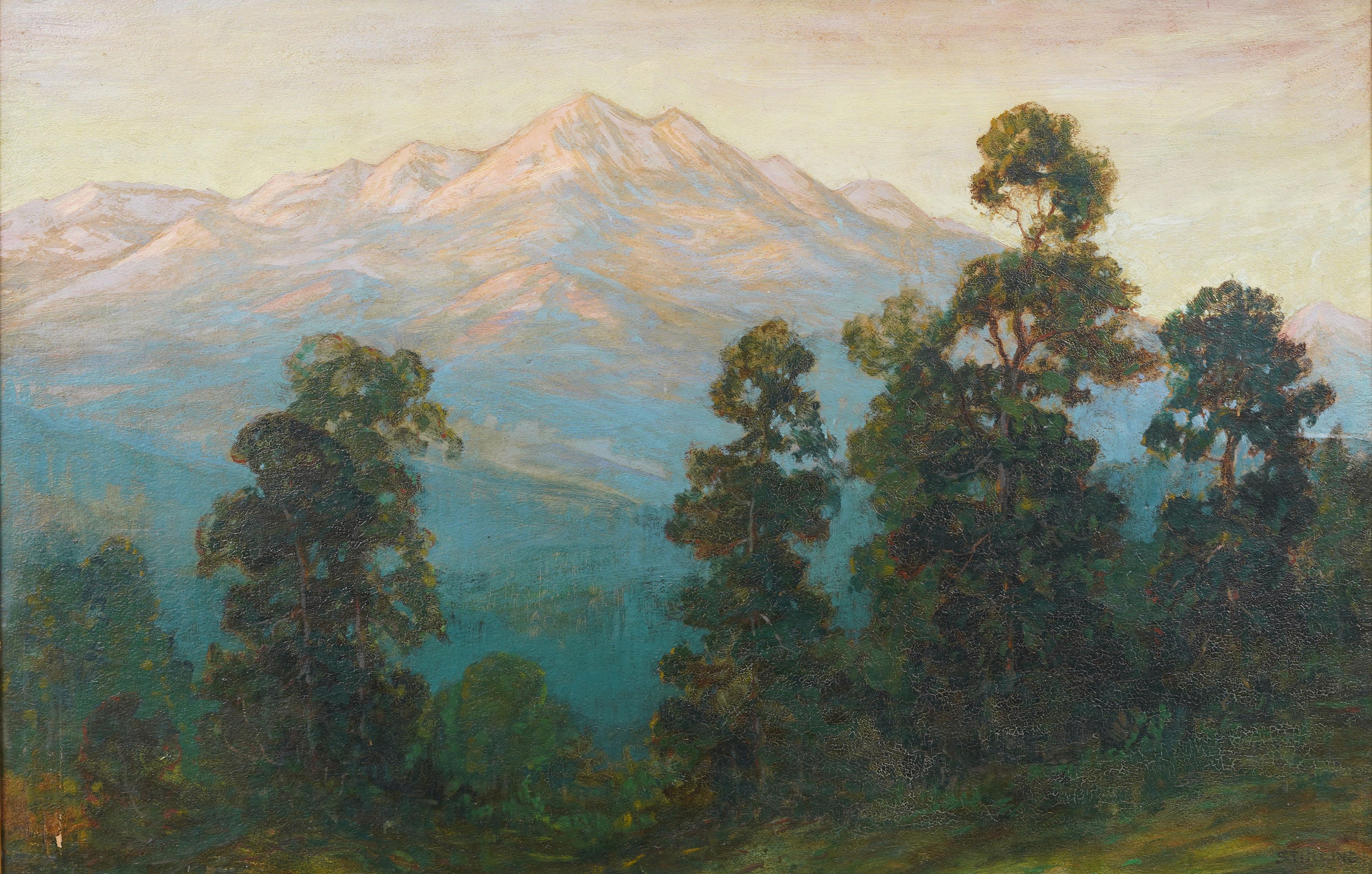 Antique American impressionist landscape oil painting by David Stirling (1887 - 1971). Oil on board. Framed.  Signed.  Measuring: 27 by 39 inches overall.  In excellent original condition. Handsomely framed in a  giltwood molding.  Excellent