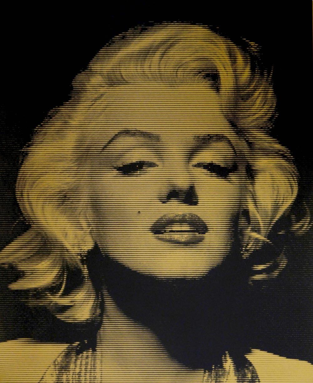 Gold Marilyn Monroe by David Studwell is a hand pulled silk screen print of actress Marilyn Monroe.
Printed using gold metallic ink and a line effect.
Edition of 30 prints.
46.5x56cm
Sold mounted and unframed.

Image above shows the mount (white)