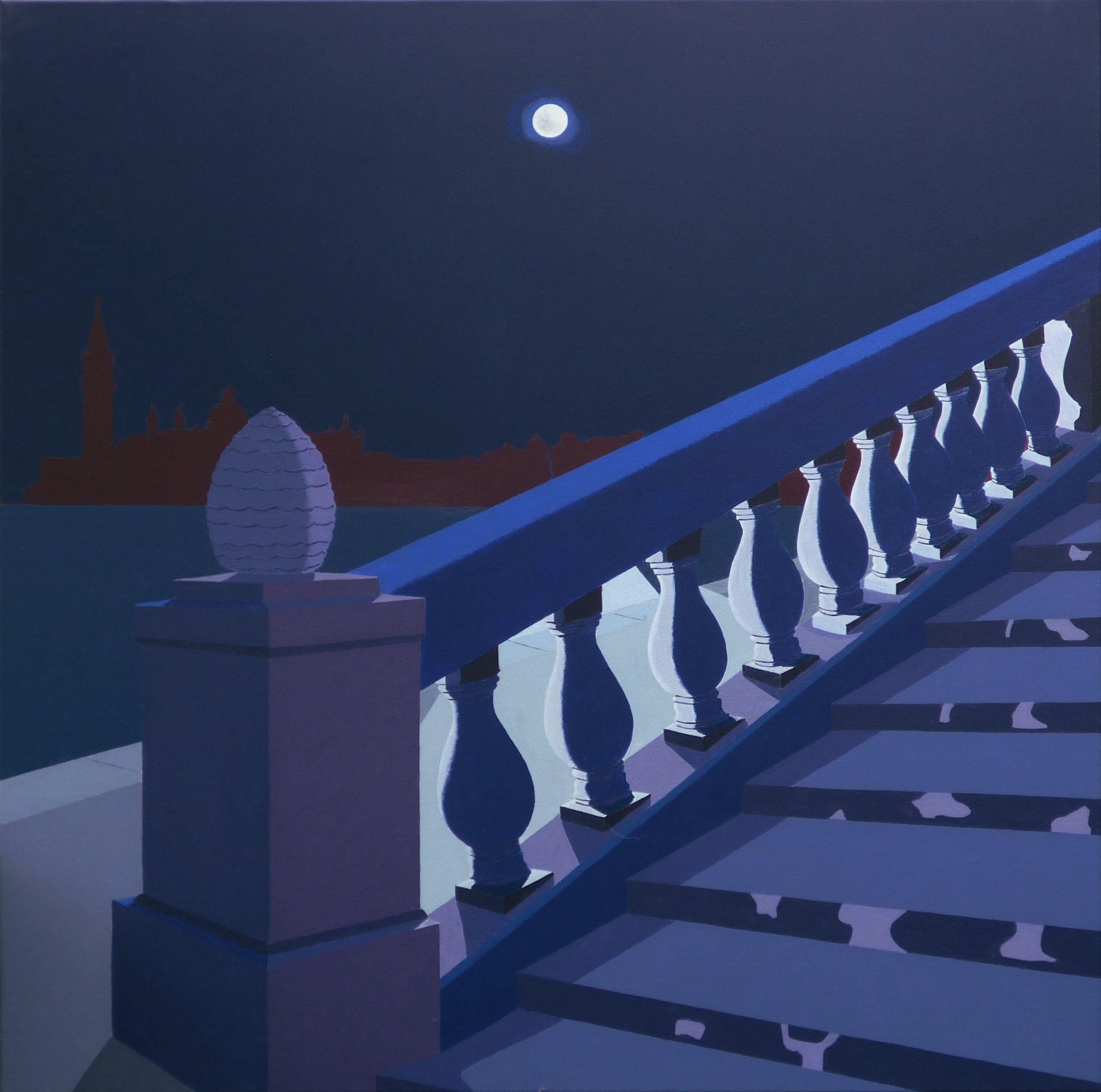 Hard-edge realism. Stone staircase in moonlight. :: Painting :: Realism :: This piece comes with an official certificate of authenticity signed by the artist :: Ready to Hang: Yes :: Signed: No :: :: Canvas :: Diagonal :: Original :: Framed: No