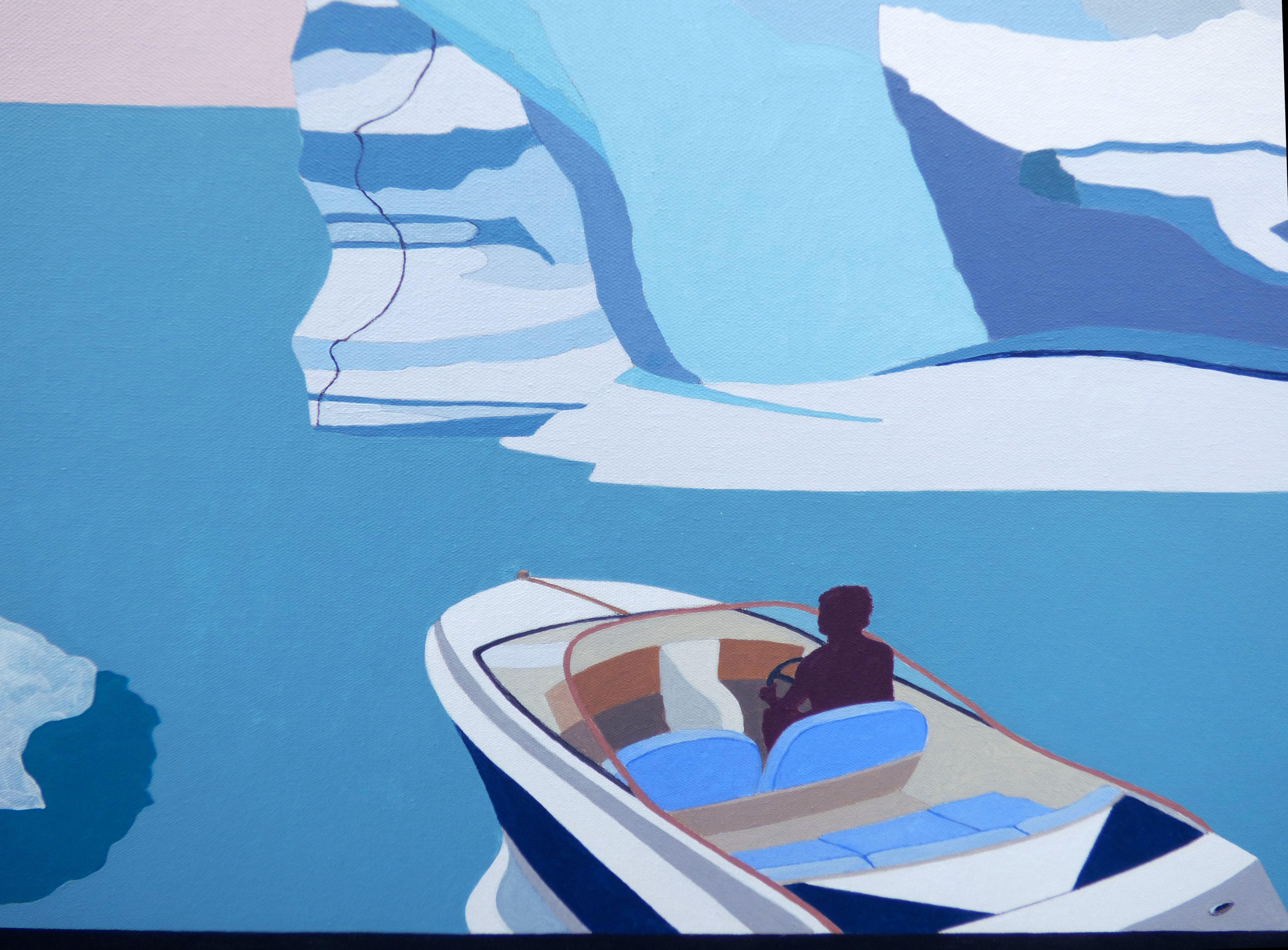 Hard edge realism. Boat traversing a large rocky arch. :: Painting :: Realism :: This piece comes with an official certificate of authenticity signed by the artist :: Ready to Hang: Yes :: Signed: No :: :: Canvas :: Diagonal :: Original :: Framed: No