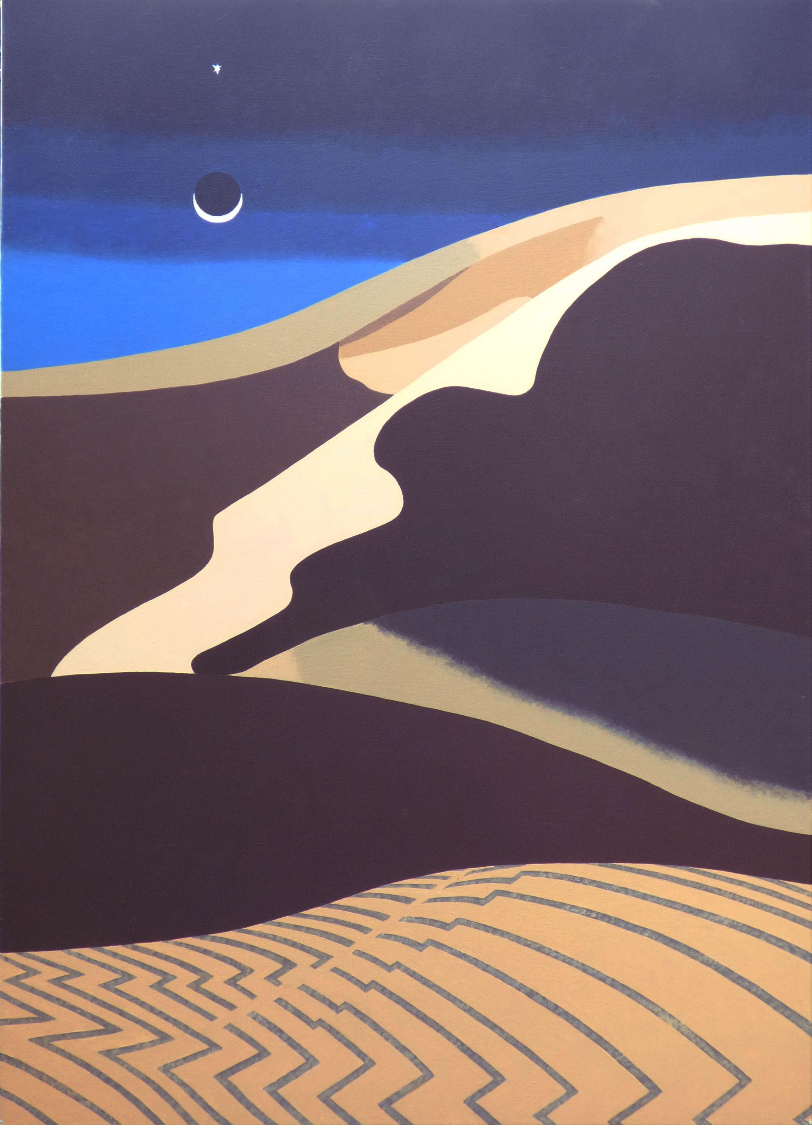 Hard edge realism. Moon over a desert landscape :: Painting :: Realism :: This piece comes with an official certificate of authenticity signed by the artist :: Ready to Hang: Yes :: Signed: No :: :: Canvas :: Portrait :: Original :: Framed: No