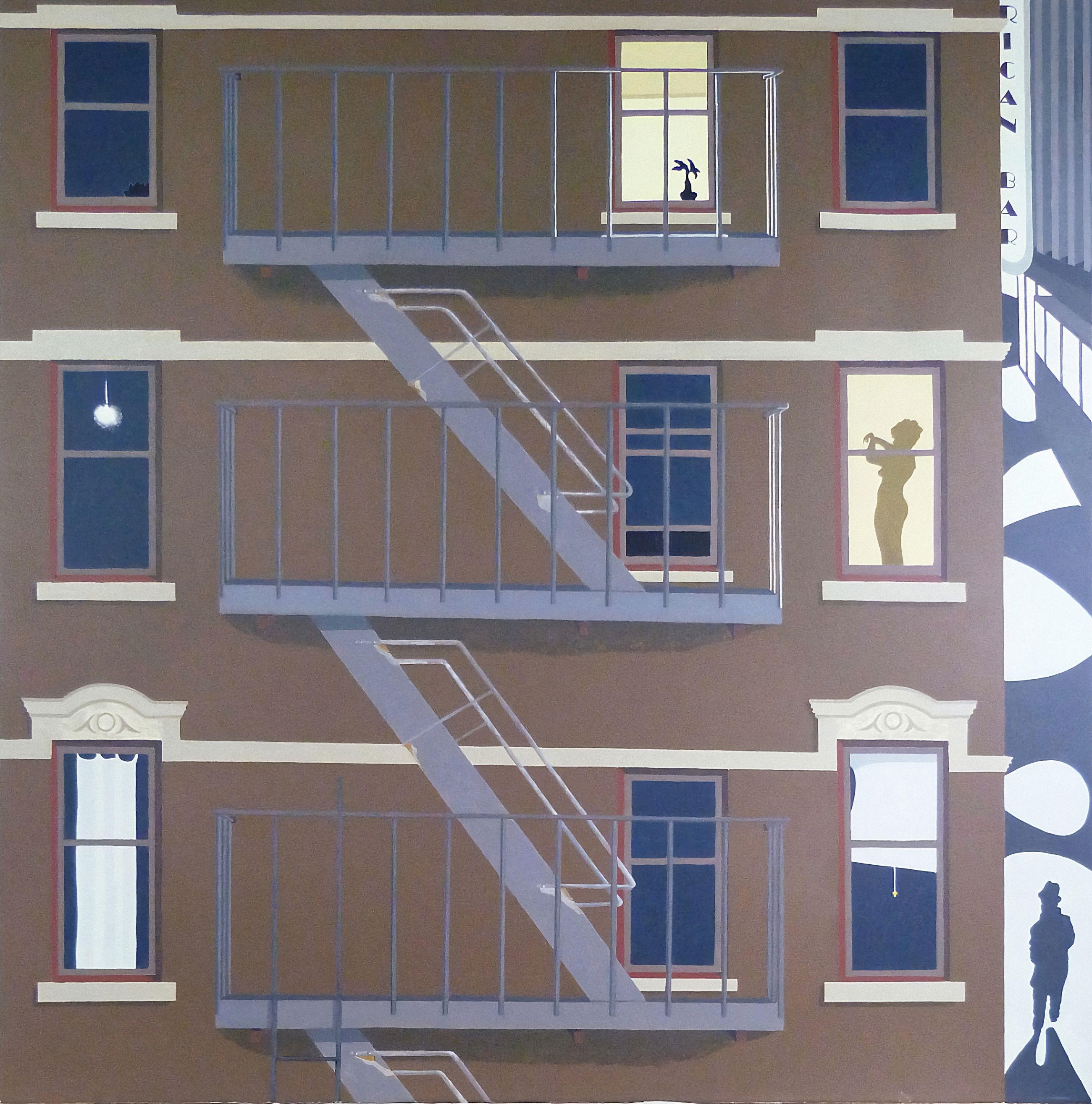 Hard edge realism. Brownstone fire escape in New York, Art Deco era, with busy windows and street. :: Painting :: Realism :: This piece comes with an official certificate of authenticity signed by the artist :: Ready to Hang: Yes :: Signed: No :: ::