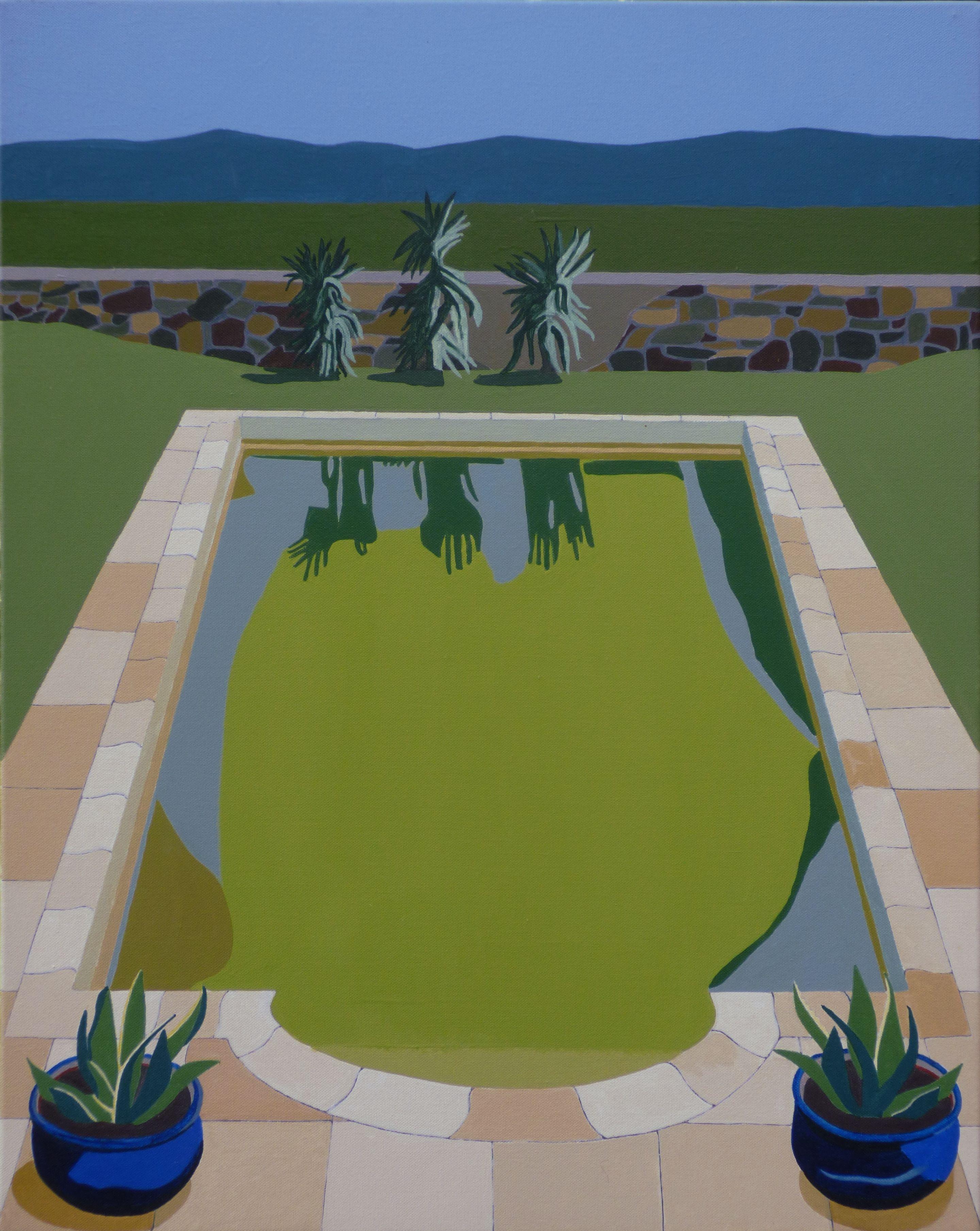 Hard edge realism. Swimming pool with green reflection in water and Classical accents. :: Painting :: Realism :: This piece comes with an official certificate of authenticity signed by the artist :: Ready to Hang: Yes :: Signed: No :: :: Canvas ::