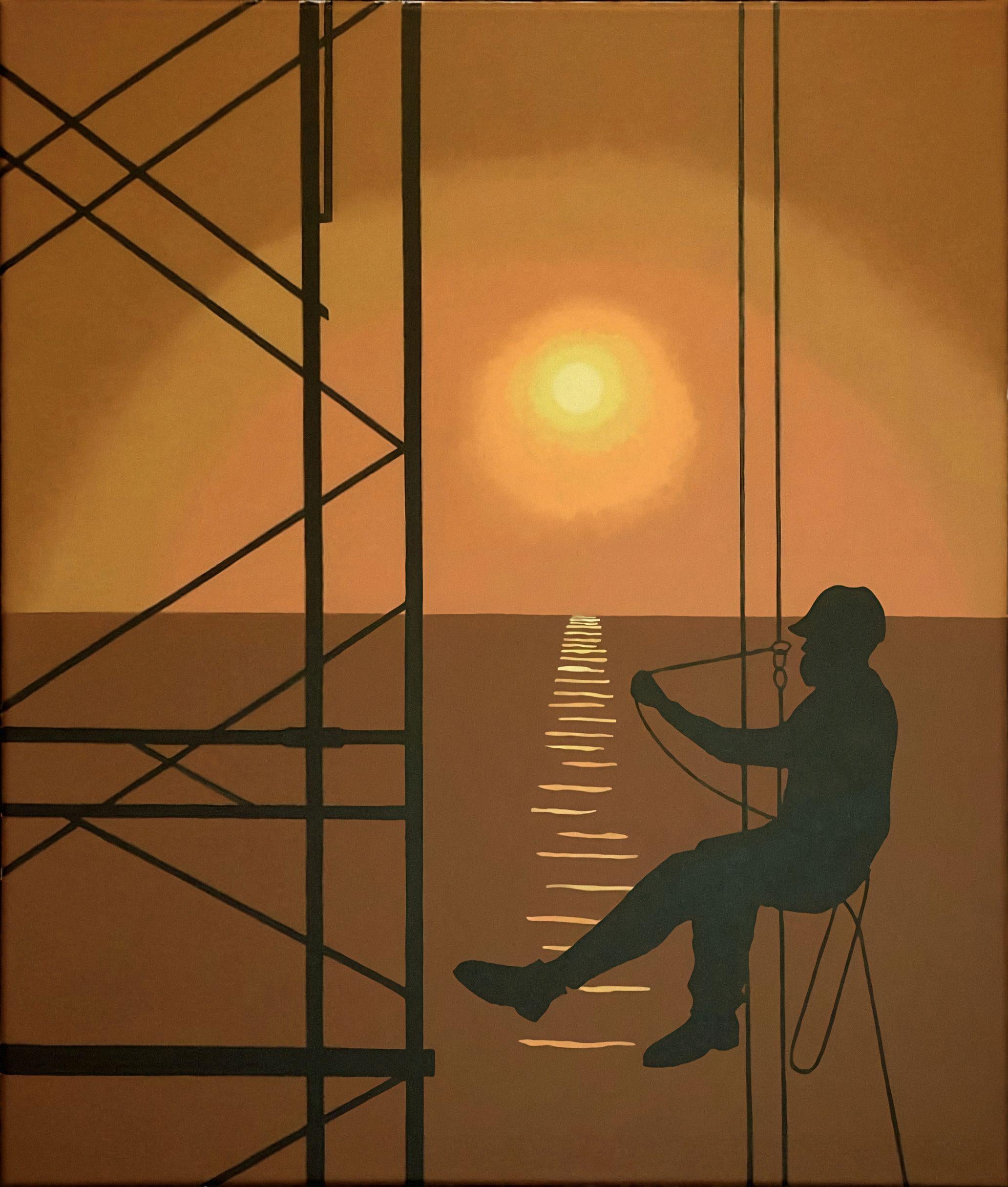 Hard-edge realism. Scaffolder in silhouette against a sunset. :: Painting :: Realism :: This piece comes with an official certificate of authenticity signed by the artist :: Ready to Hang: Yes :: Signed: No :: :: Canvas :: Diagonal :: Original ::