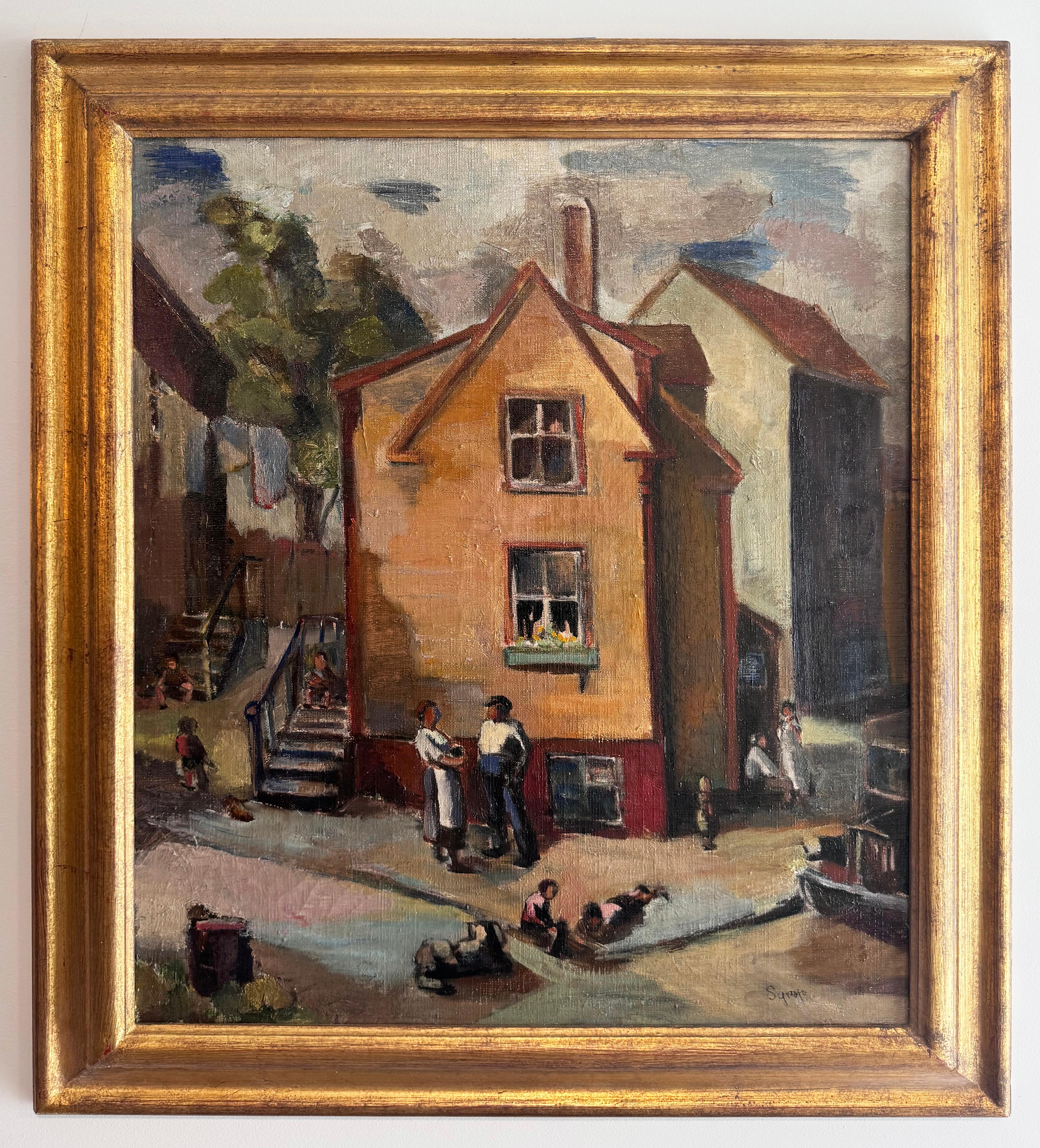 WPA Social Realist Signed Regionalist Landscape Framed Street Scene Oil Painting - Brown Landscape Painting by David Syrop