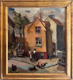 WPA Social Realist Signed Regionalist Landscape Framed Street Scene Oil Painting