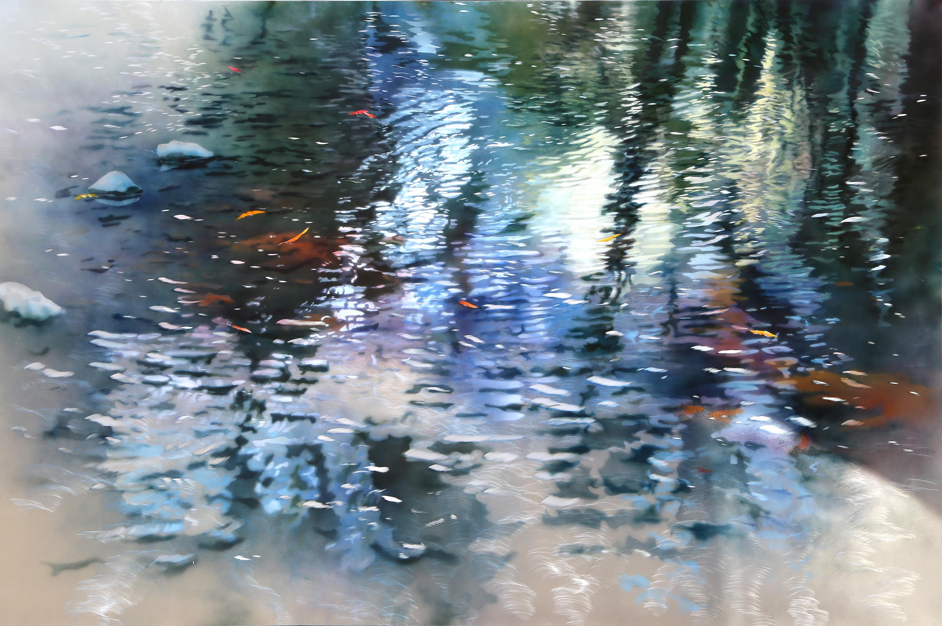 Abstraction chatoyante, peinture acrylique photoréaliste sur aluminium de David Kessler