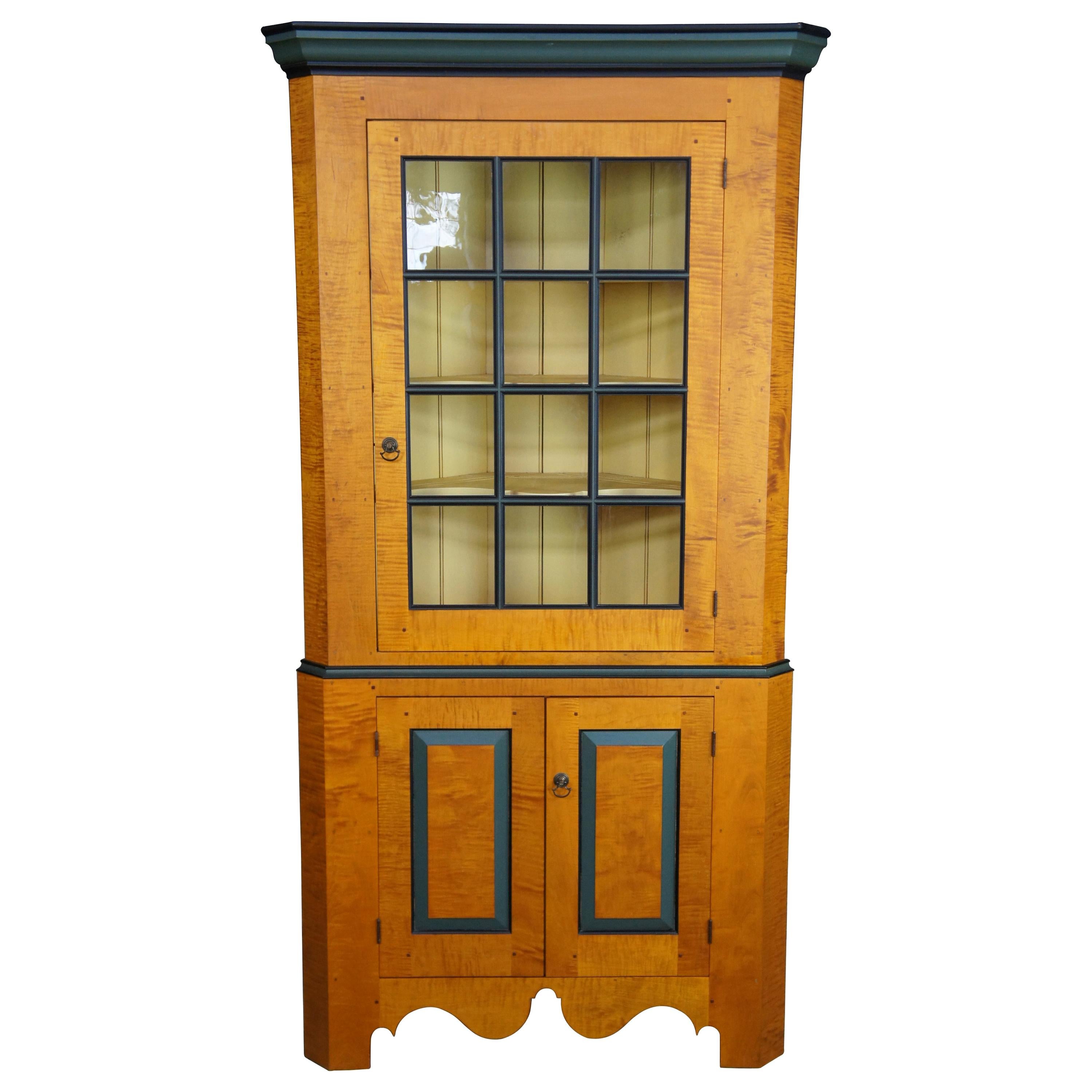 David T Smith Early American Colonial Curly Maple Corner Cupboard China Cabinet