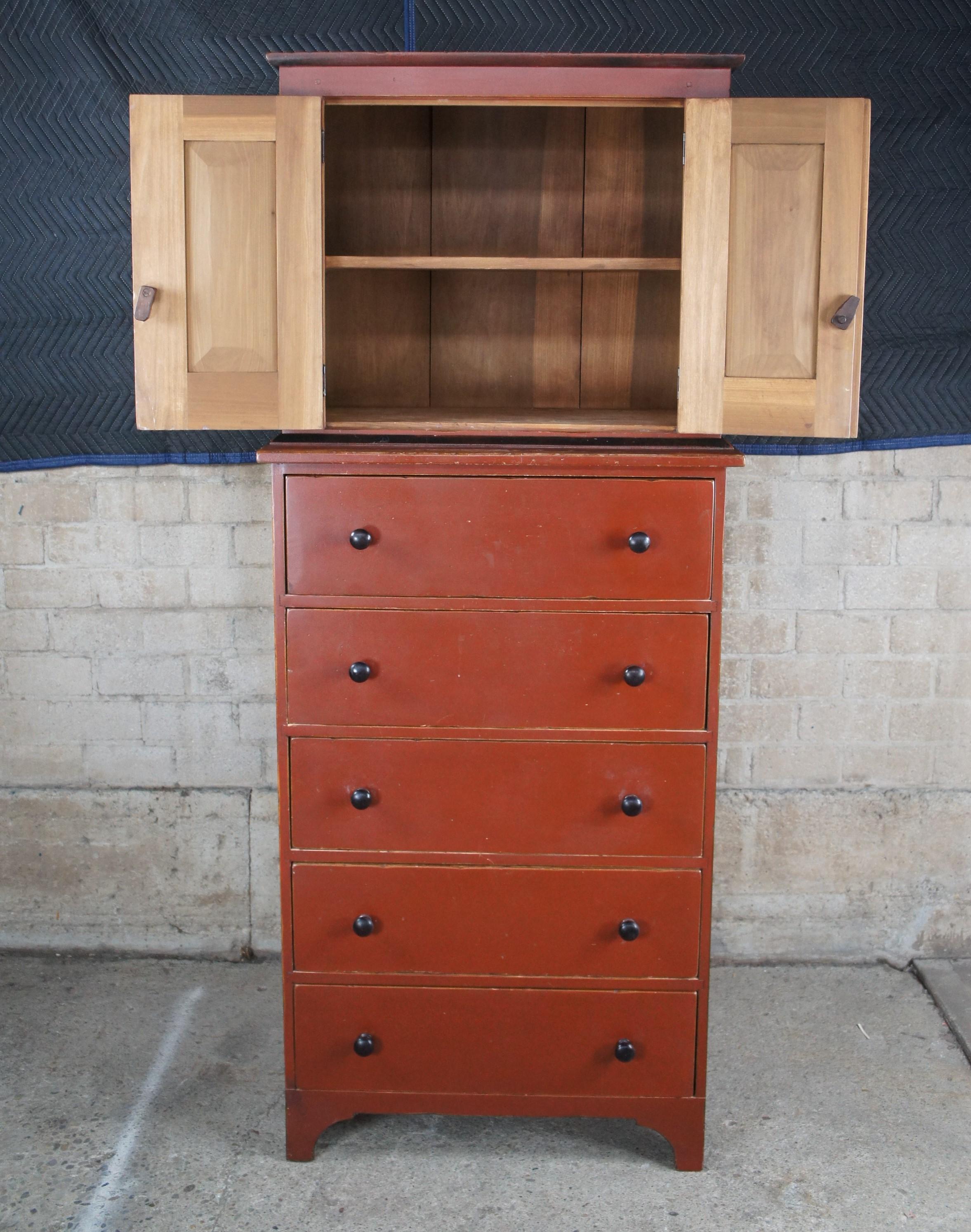 American Colonial David T Smith Early American Painted Poplar Red Chest Drawers Dresser Wardrobe