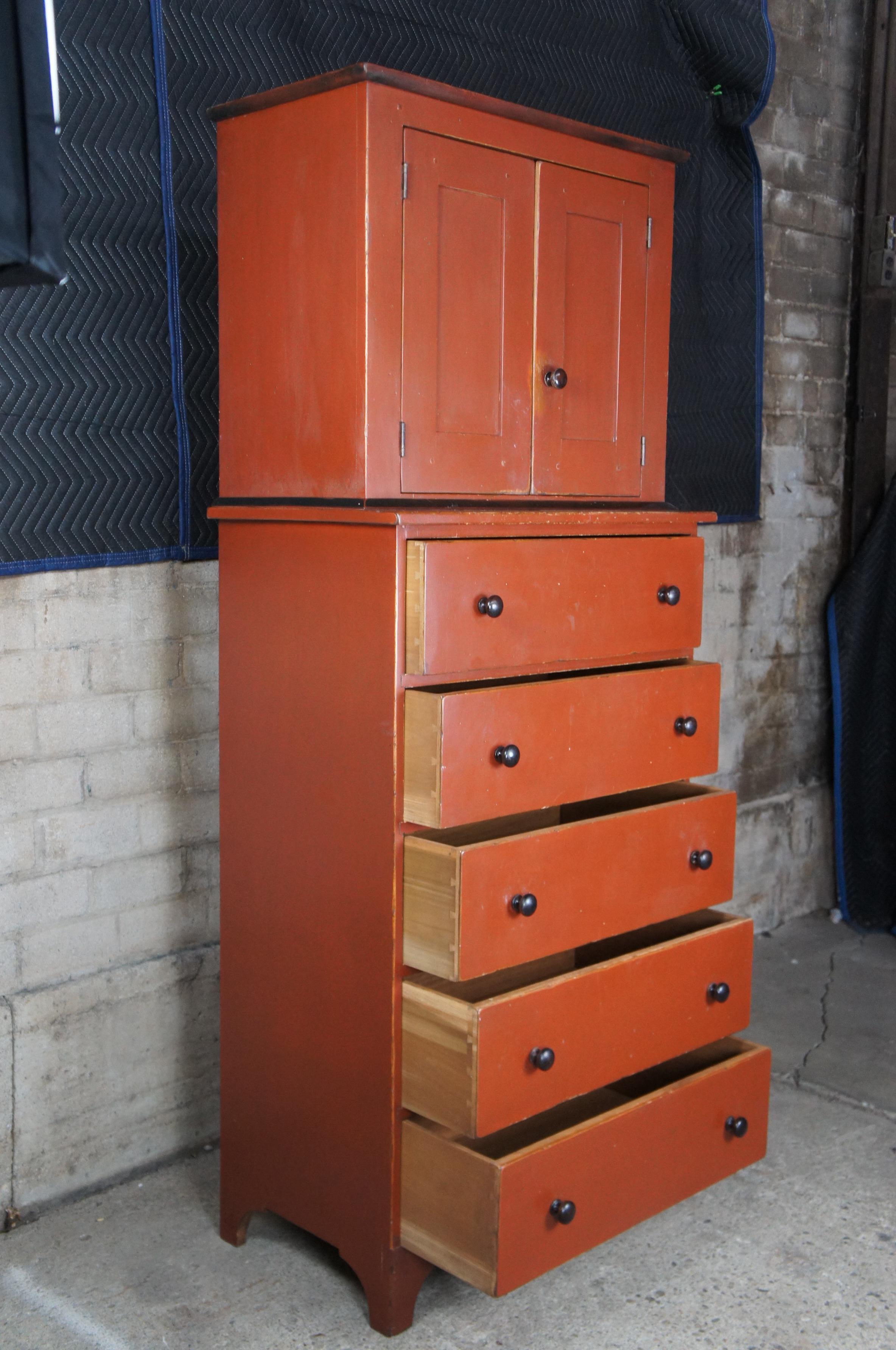 David T Smith Early American Painted Poplar Red Chest Drawers Dresser Wardrobe In Good Condition In Dayton, OH