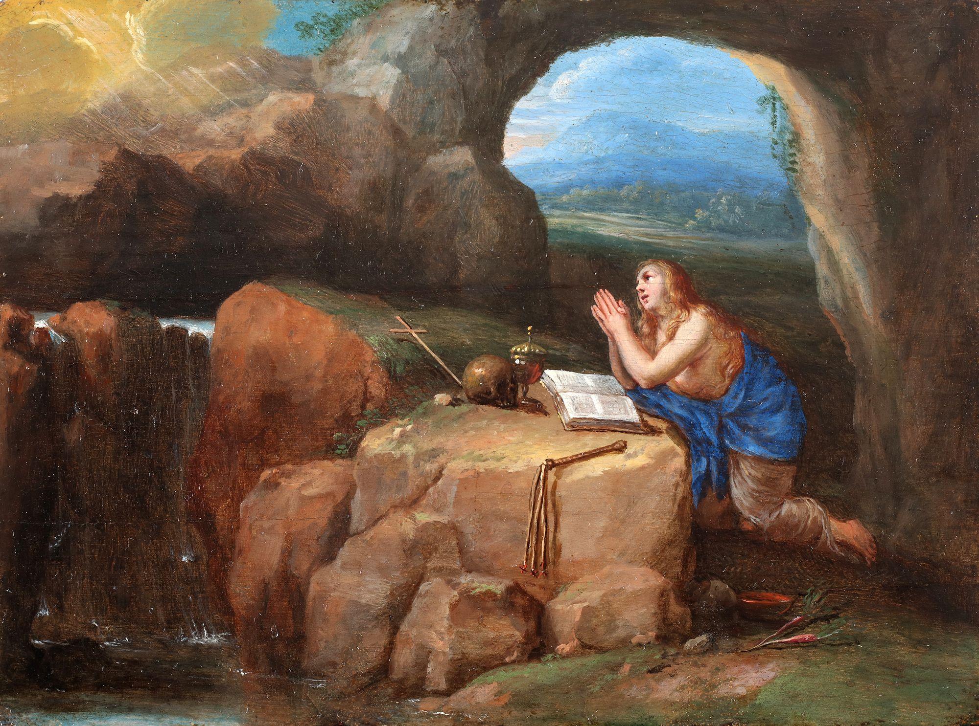 David Teniers I Figurative Painting - Mary Magdalene praying in her cave