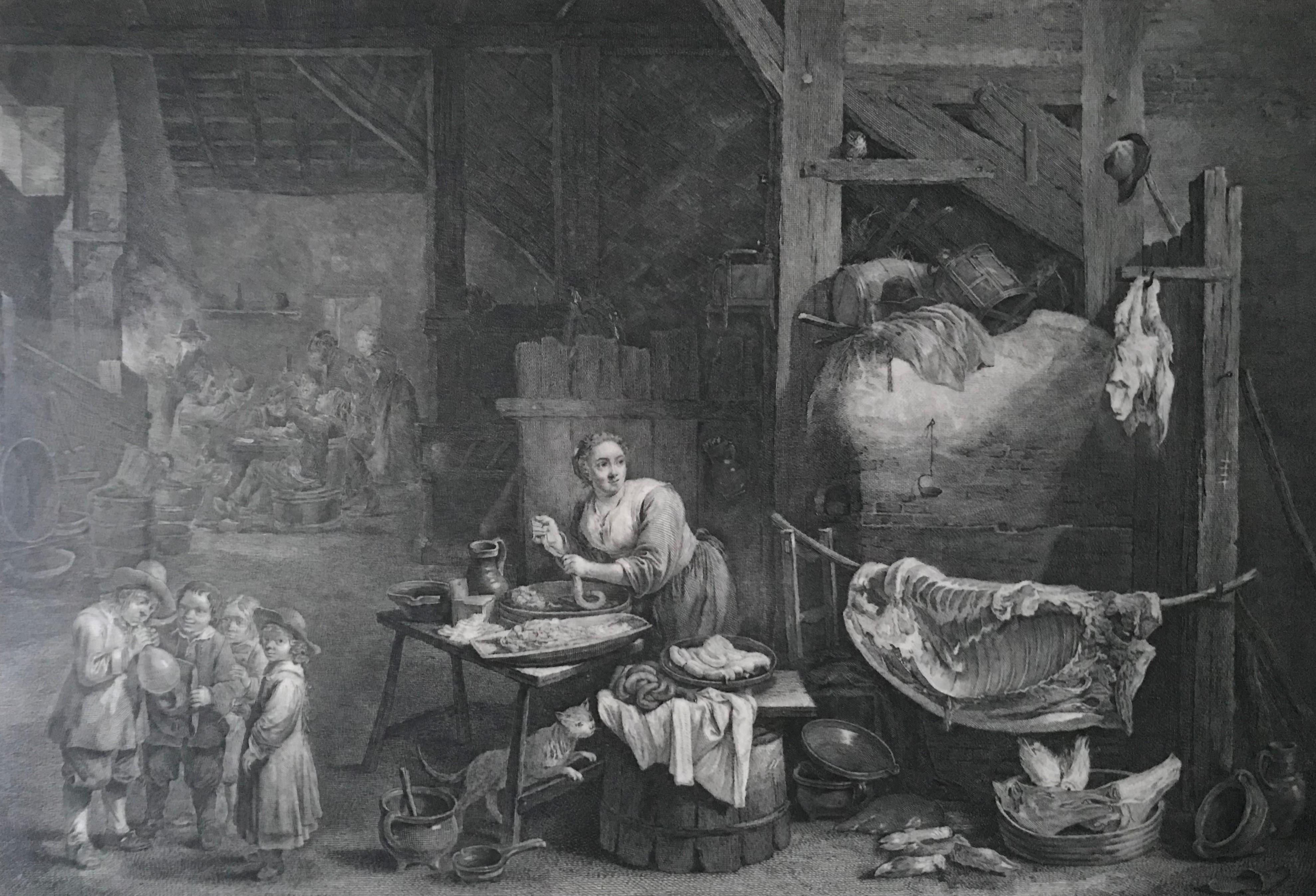 This beautiful engraving named La boudinière, is made by Jacques Philippe LeBas after the work of David Teniers II. This engraving represents a kitchen interior divided by partitions. In the foreground, there is the carcass of a half pig hanging.