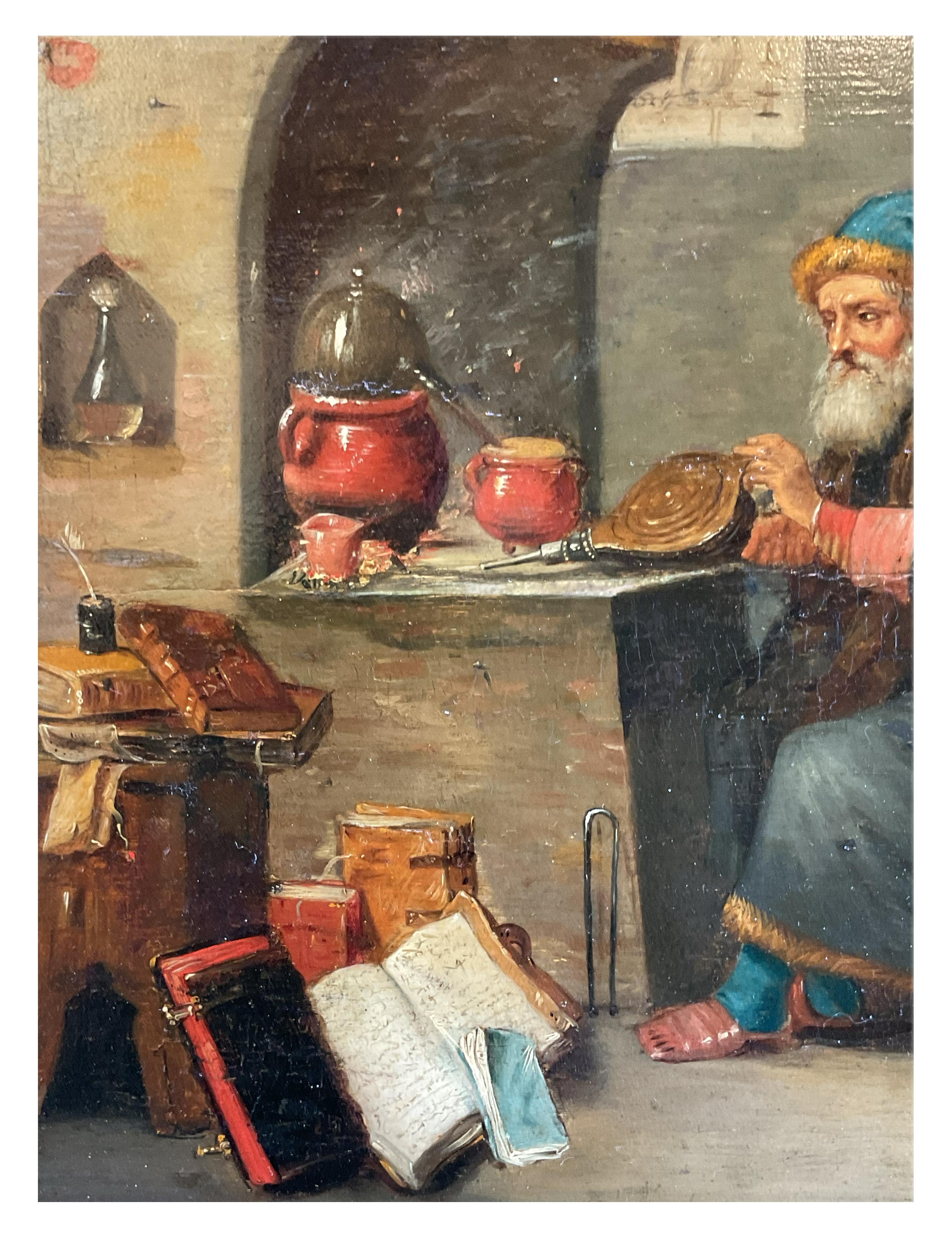 Mid-17th Century David Teniers the Younger (att.), The Alchemist, oil painting on panel For Sale