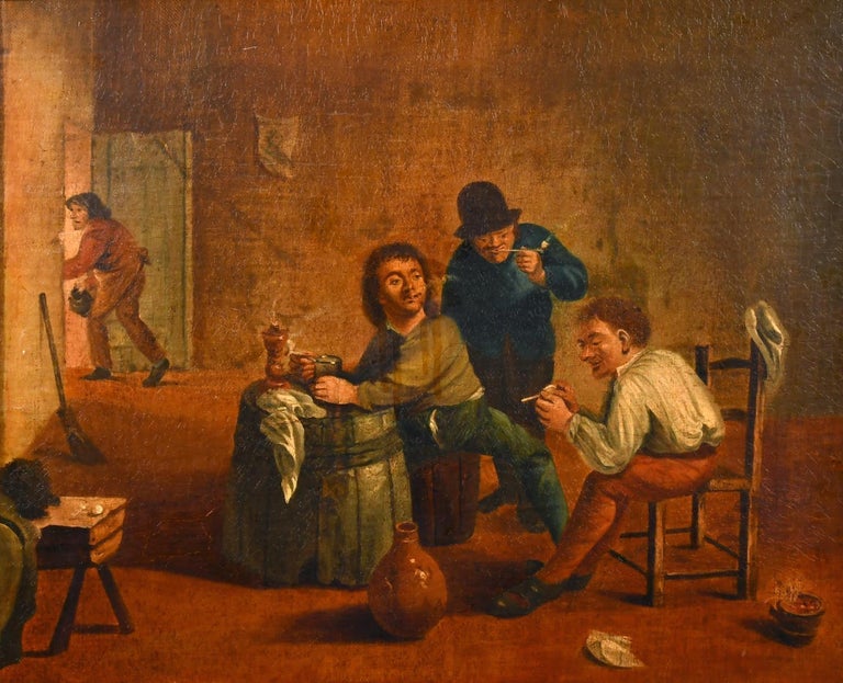 David Teniers the Younger Figurative Painting - 17th Century Dutch Old Master Oil Painting - Tavern Interior Figures Drinking