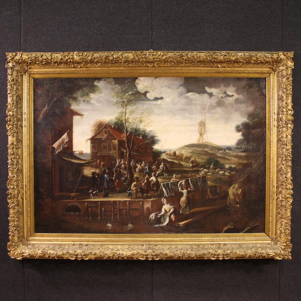 17th Century Oil on Canvas Flemish Painting Landscape with Figures, 1640