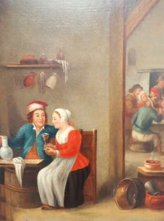 18thc Tavern Interior Dutch Genre Oil Painting After Teniers the Younger