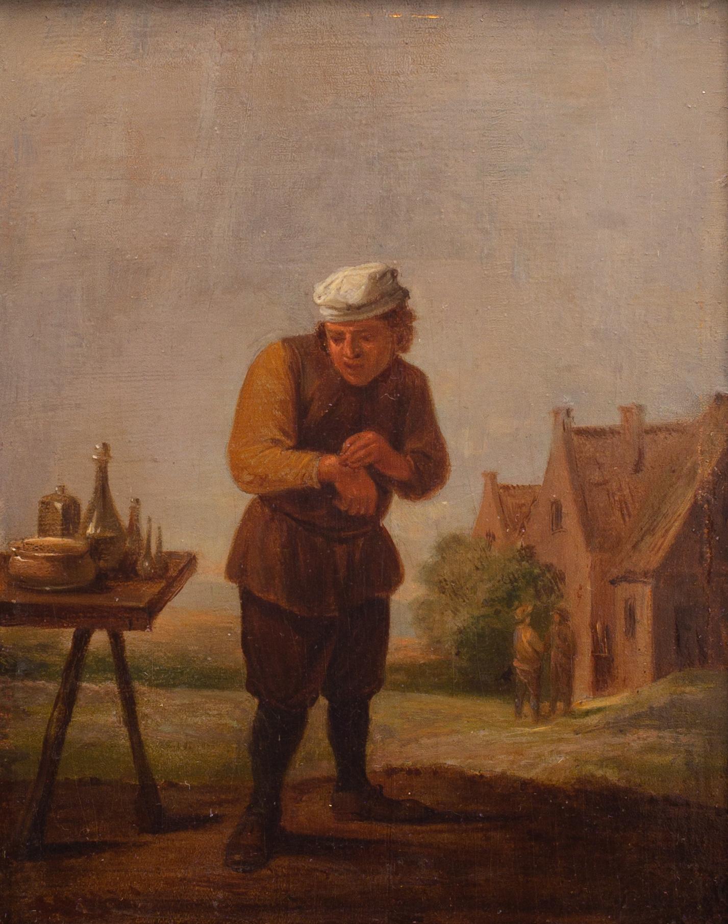 Ein Bauer, der einen Gips zurückbewahrt: Der Sinn für Berührung. Ein Follower von David Teniers – Painting von David Teniers the Younger