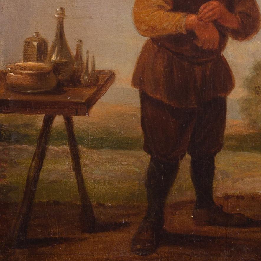 Ein Bauer, der einen Gips zurückbewahrt: Der Sinn für Berührung. Ein Follower von David Teniers (Schwarz), Figurative Painting, von David Teniers the Younger