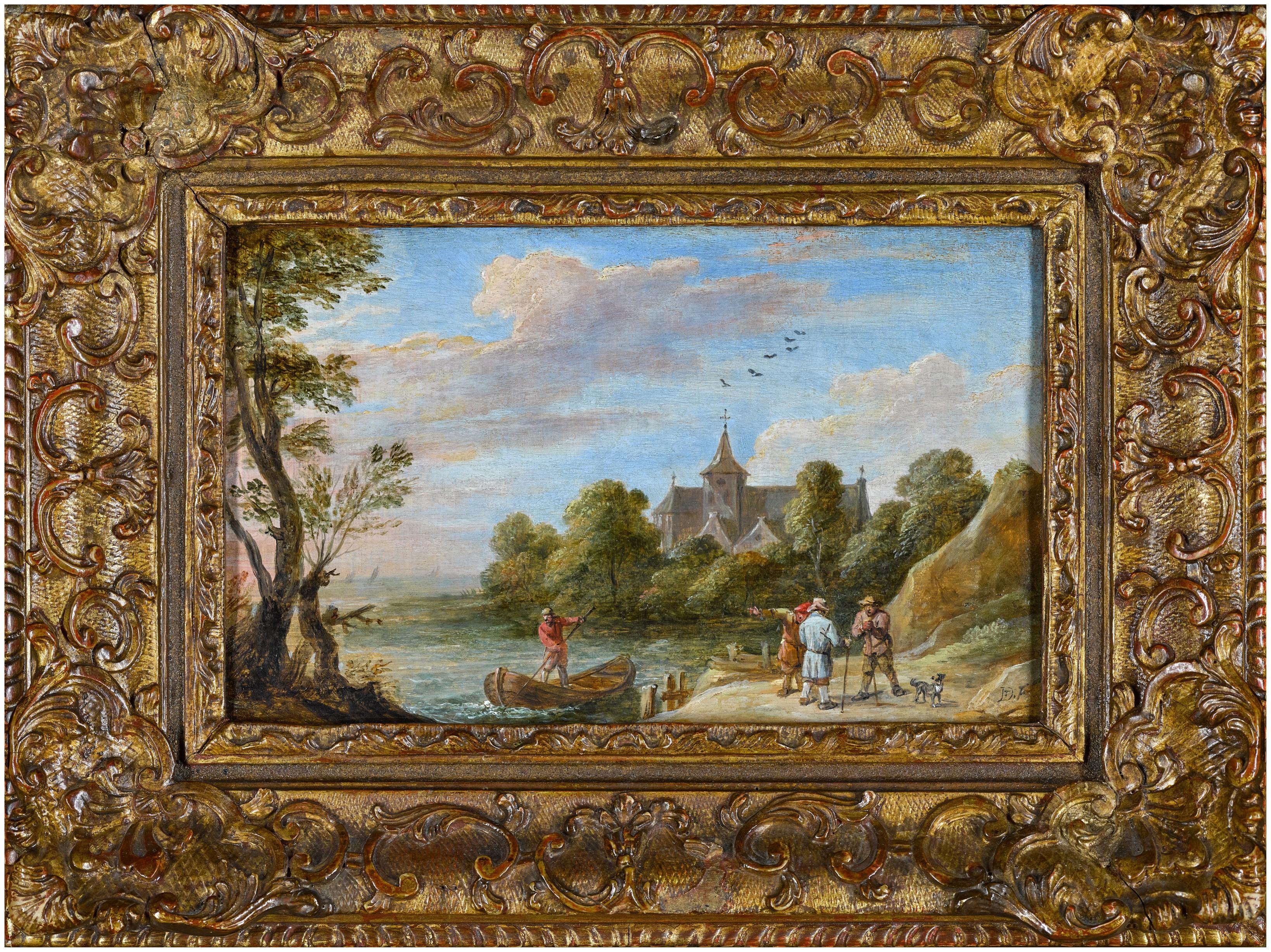 A river landscape with travellers by a jetty and a man in a rowing boat - Painting by David Teniers the Younger