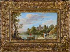 A river landscape with travellers by a jetty and a man in a rowing boat