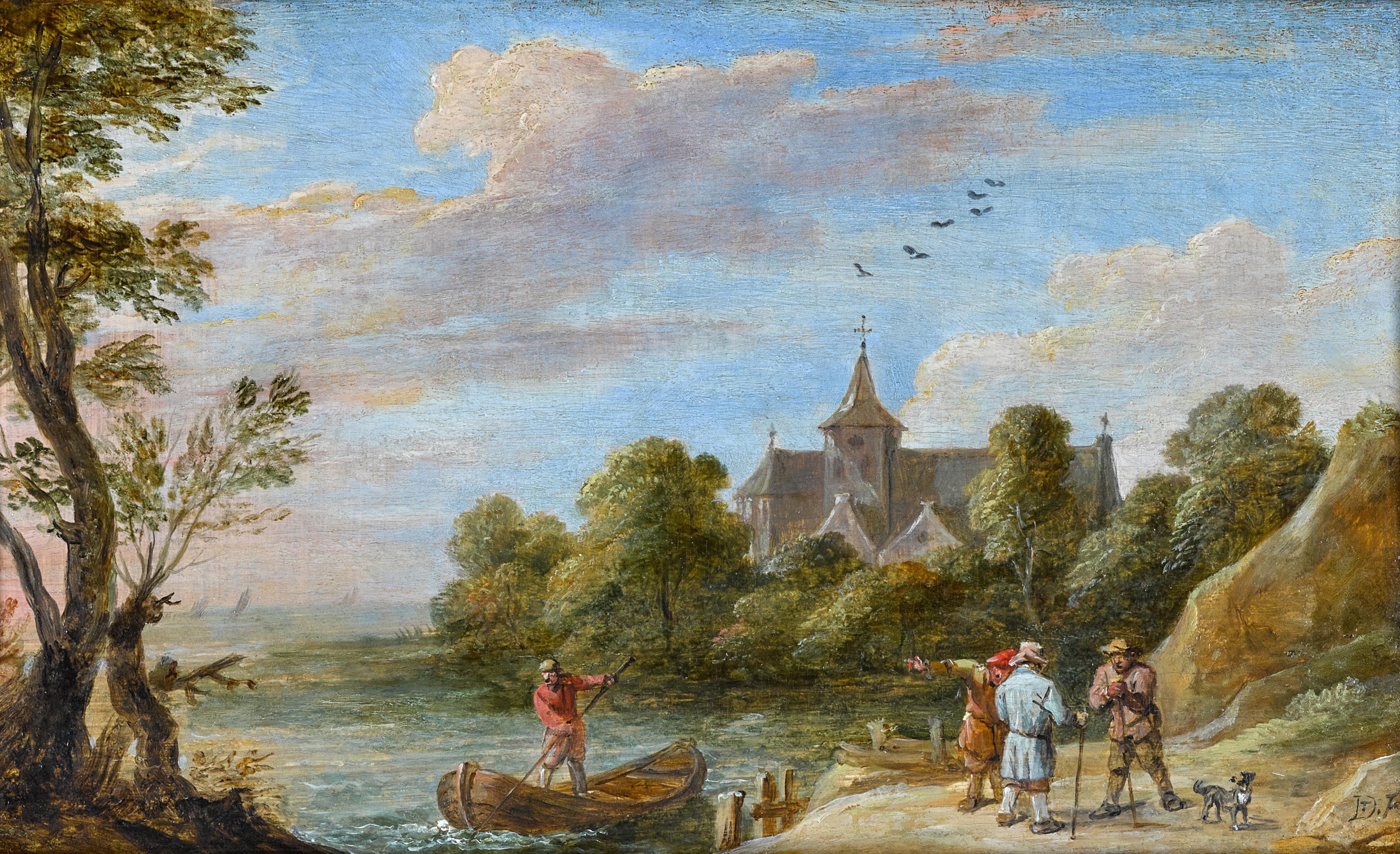 Paysage fluvial avec des voyageurs près d'une jetée et un homme dans un bateau à rames.