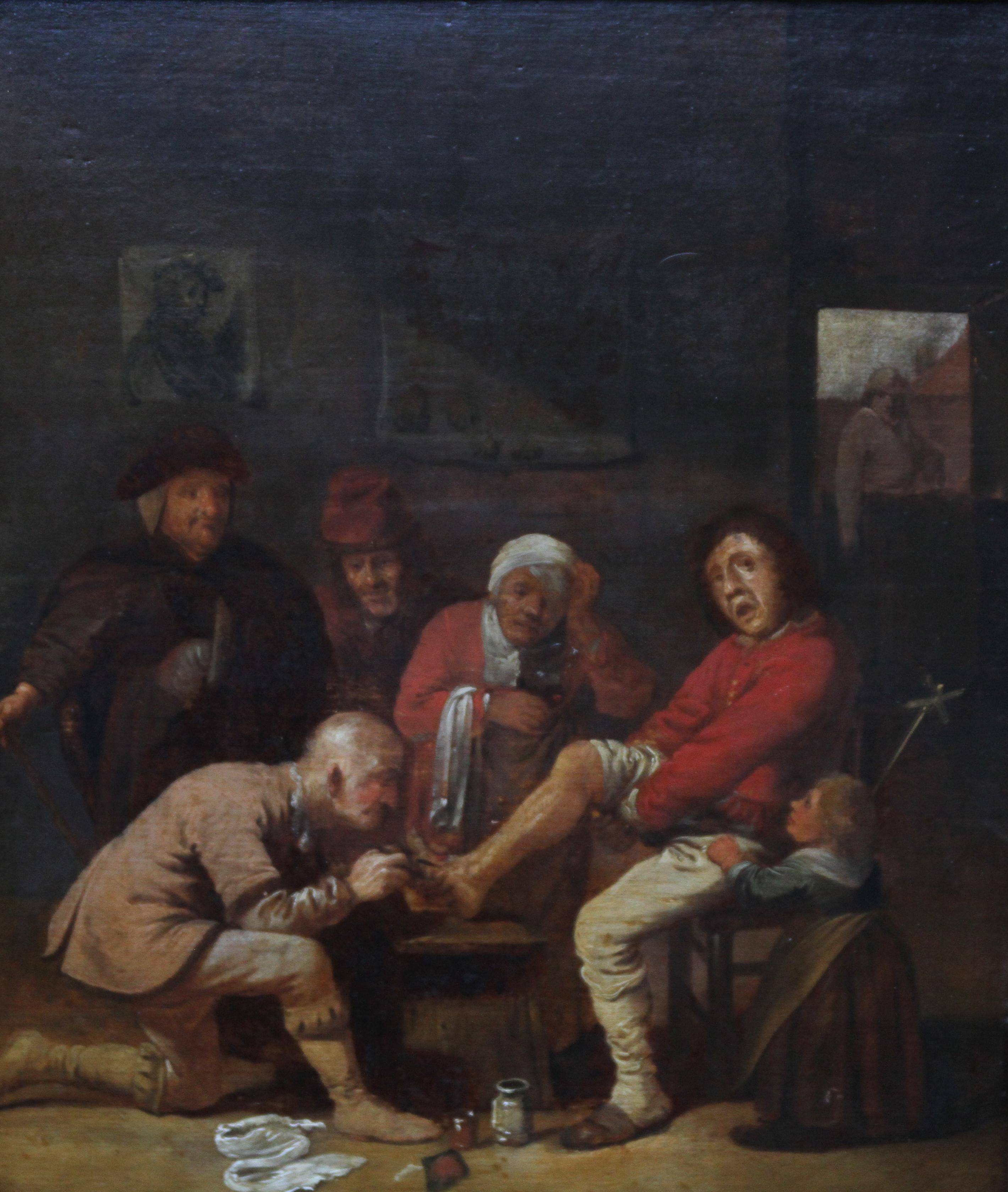 A Surgeon Attending to his Patient's Foot - Dutch 17thC Old Master oil painting - Painting by David Teniers the Younger