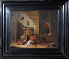A tavern interior with a dog and kitchen utensils