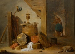 A tavern interior with a dog and kitchen utensils 
