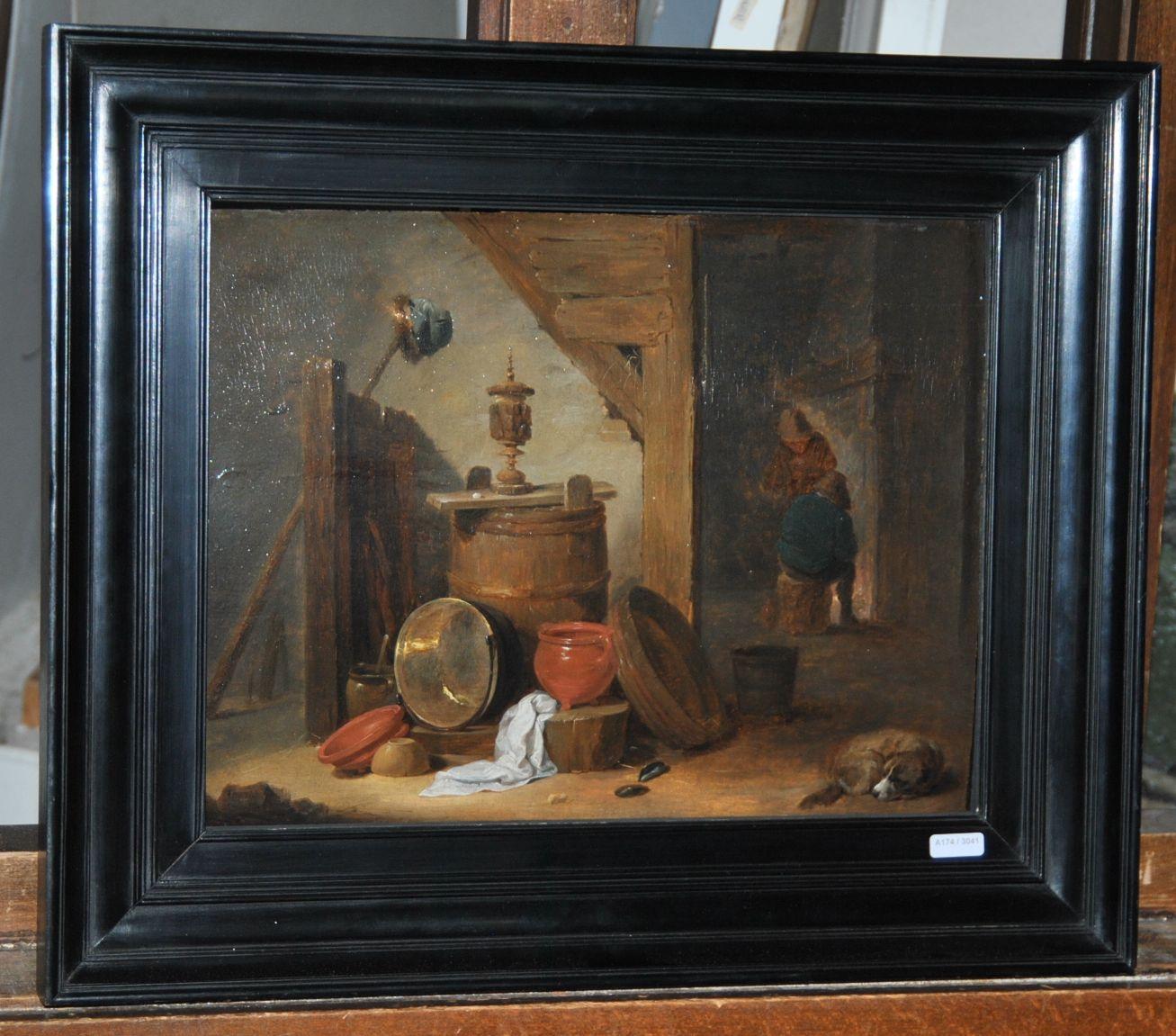 A tavern interior with a dog and kitchen utensils in the foreground - Painting by David Teniers the Younger