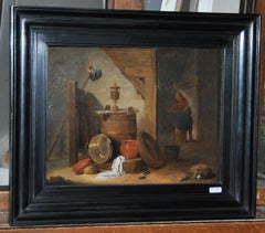 A tavern interior with a dog and kitchen utensils in the foreground