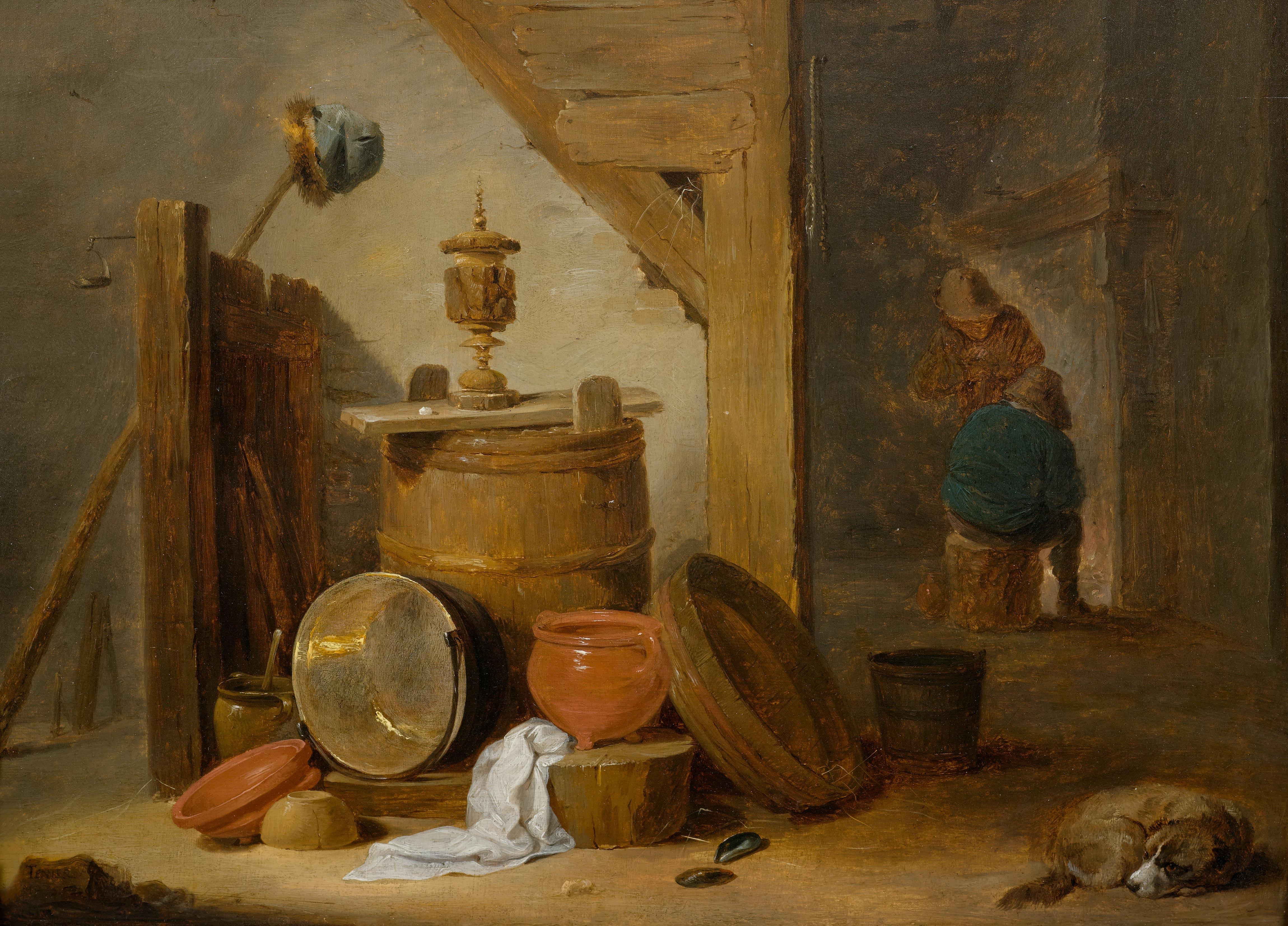 David Teniers the Younger Still-Life Painting – Ein Taverneninterieur mit einem Hund und Küchenzubehör im Vordergrund