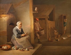 An interior with an old woman peeling apples