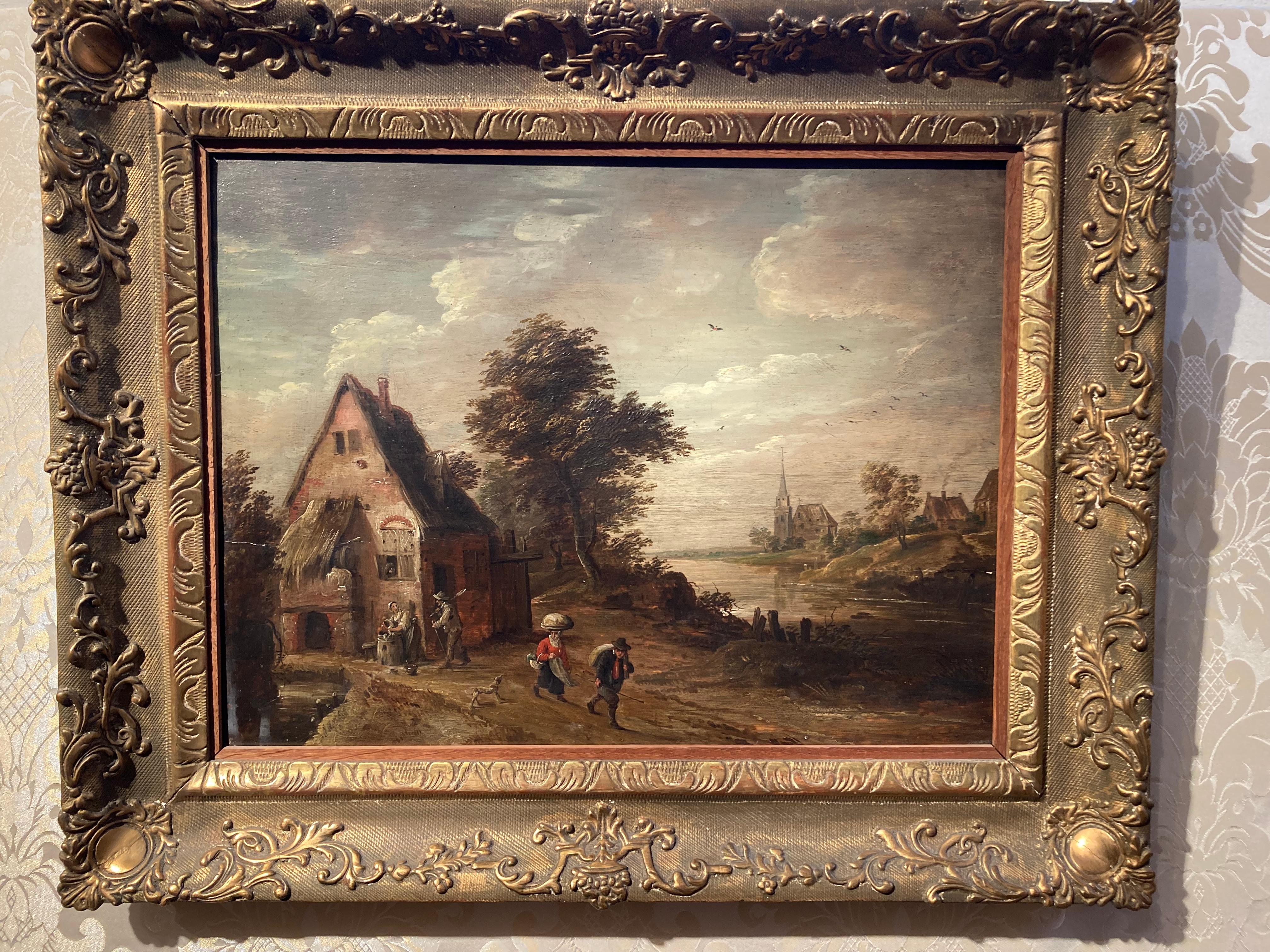 Circle of David Teniers, Landscape with Peasants by an Inn and a River, Dutch  - Painting by David Teniers the Younger