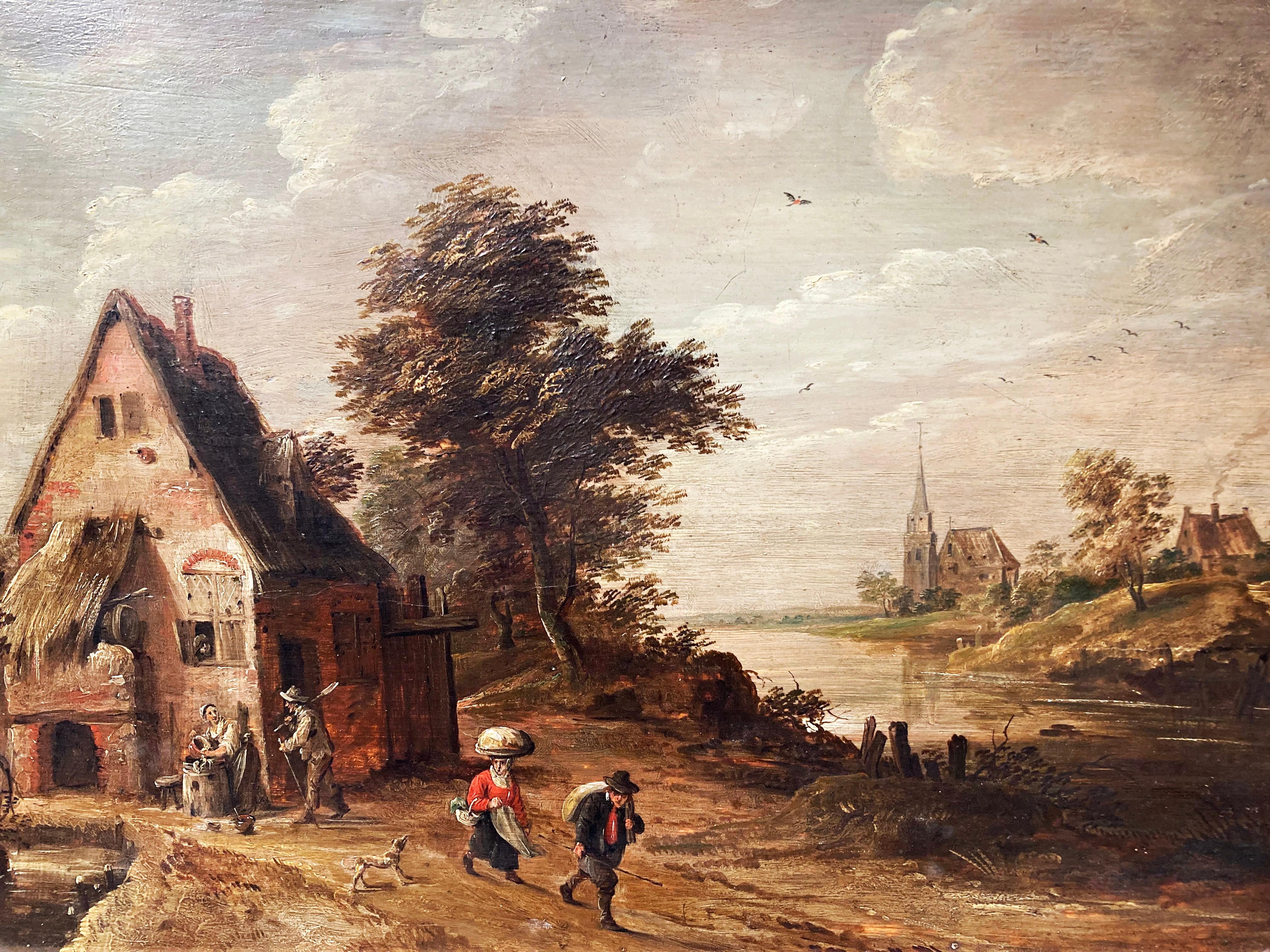 Circle of David Teniers, Landscape with Peasants by an Inn and a River, Dutch  - Baroque Painting by David Teniers the Younger