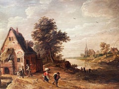 Antique Circle of David Teniers, Landscape with Peasants by an Inn and a River, Dutch 