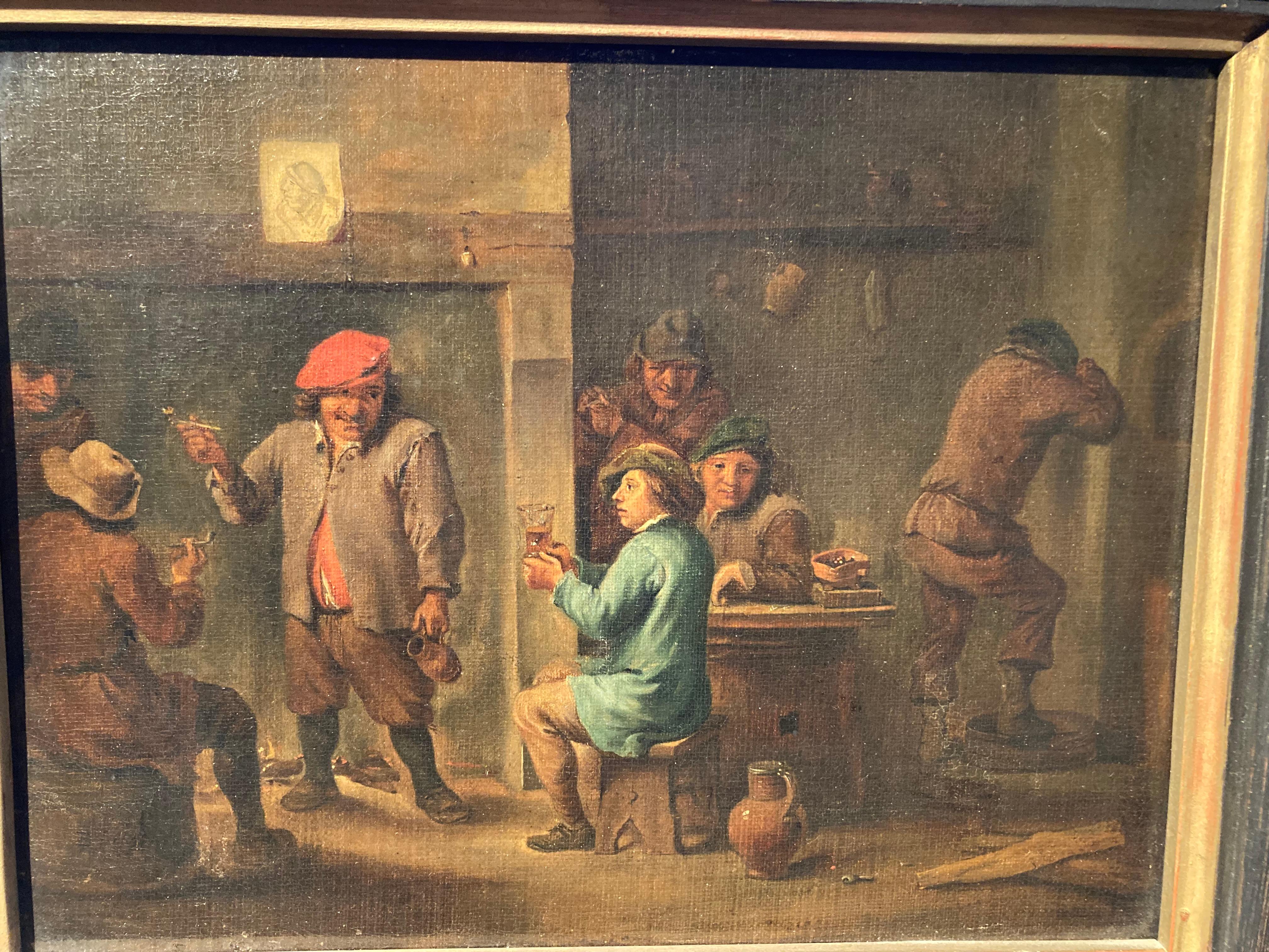 Circle Teniers, Flemish Art, Peasants smoking and drinking in a Tavern Interior - Baroque Painting by David Teniers the Younger