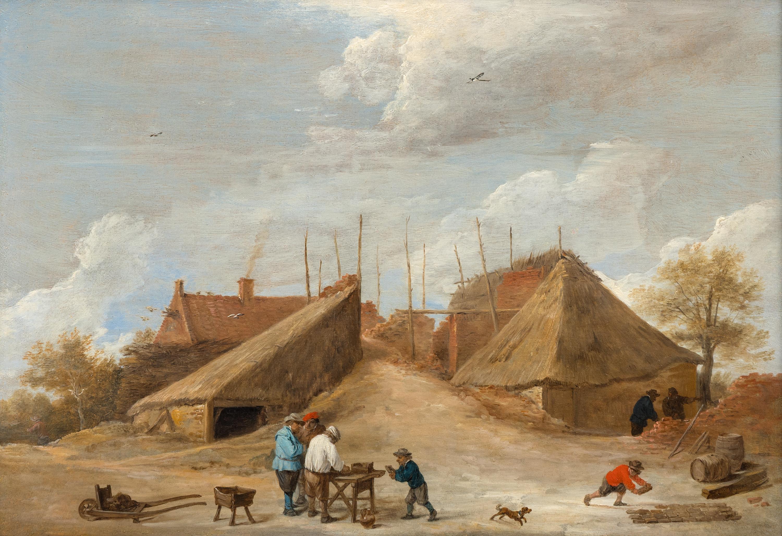 Craftsmen Before a House - 17th Century Oil on Panel Landscape Painting