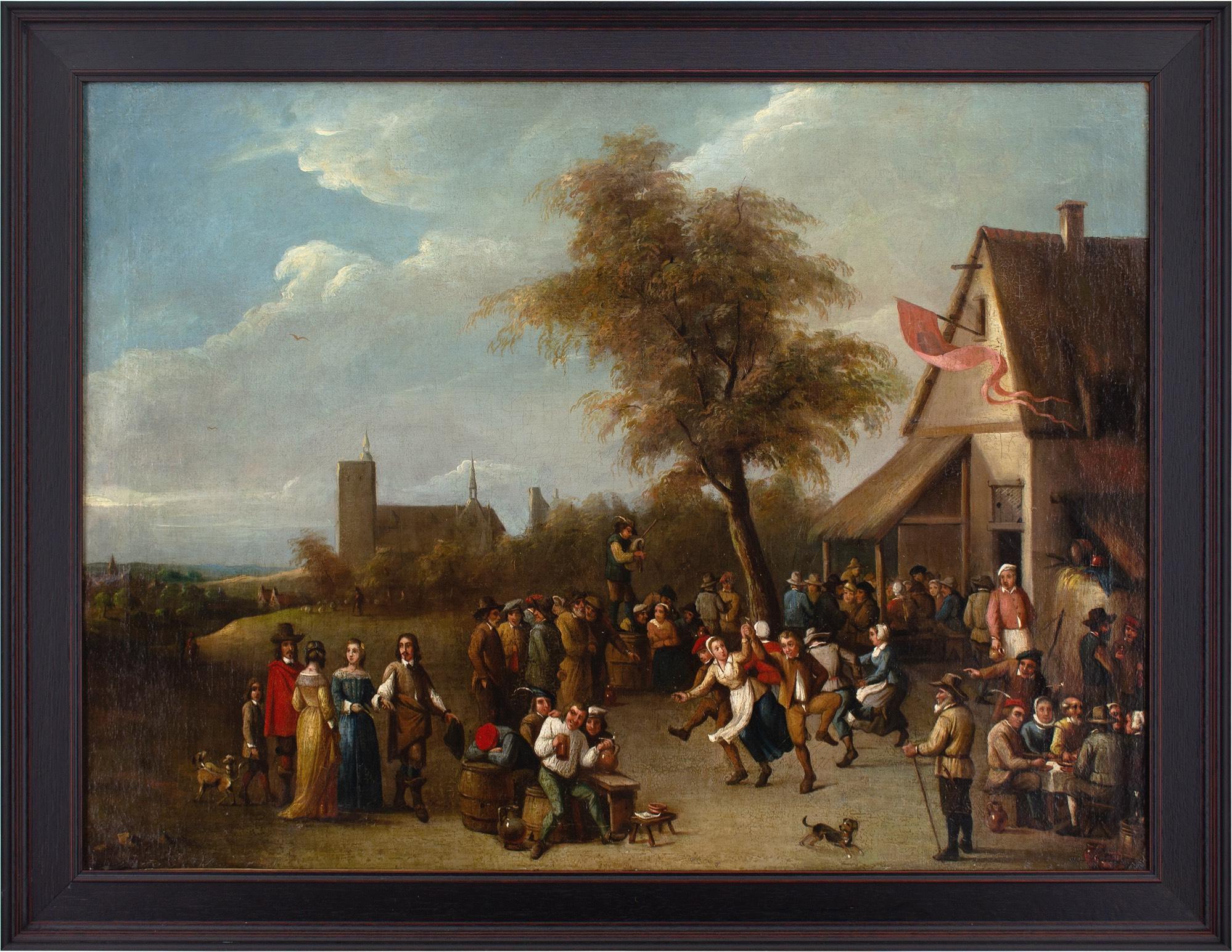 Questo affascinante dipinto a olio della metà del XVIII secolo raffigura una vera e propria schiera di festaioli che banchettano vicino a una taverna. Si tratta di un'opera dell'artista fiammingo David Teniers the Younger (1610-1690), che