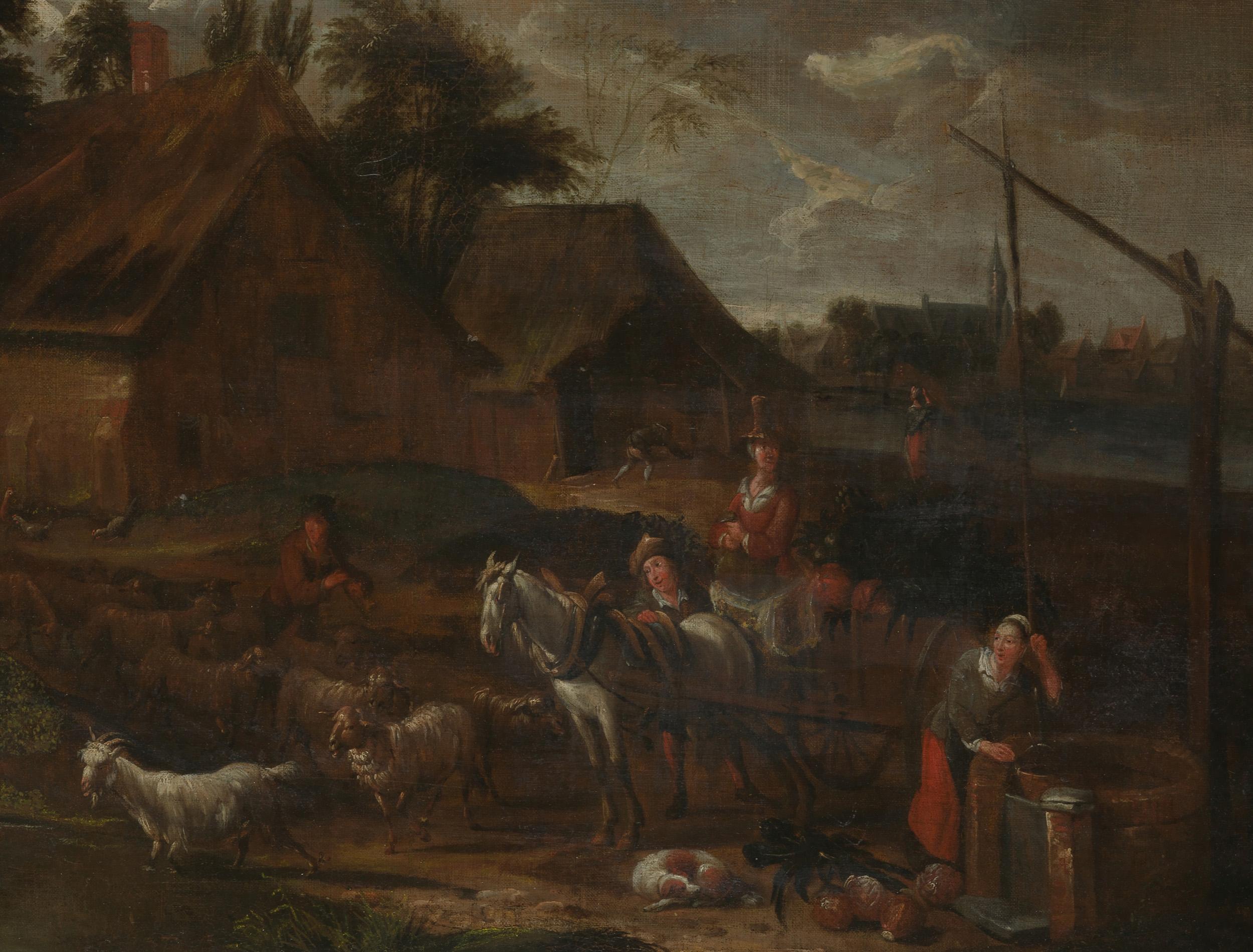 Farmyard with Well, People and Livestock, Oil on Canvas - Painting by David Teniers the Younger